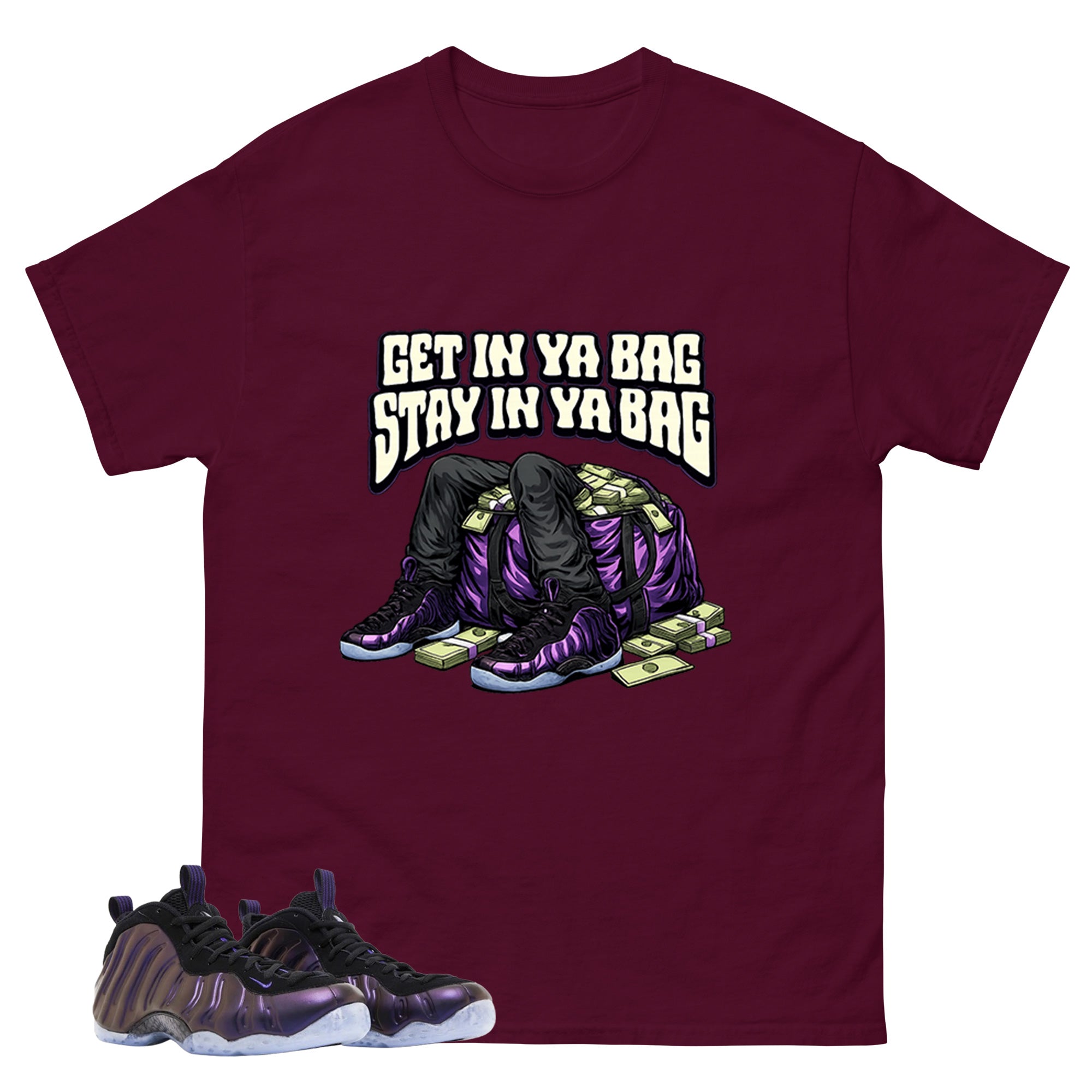 Get In Ya Bag Graphic Tee, Shirt to Match Air Foamposite One Eggplant, Air Foamposite Unisex Purple Shirt