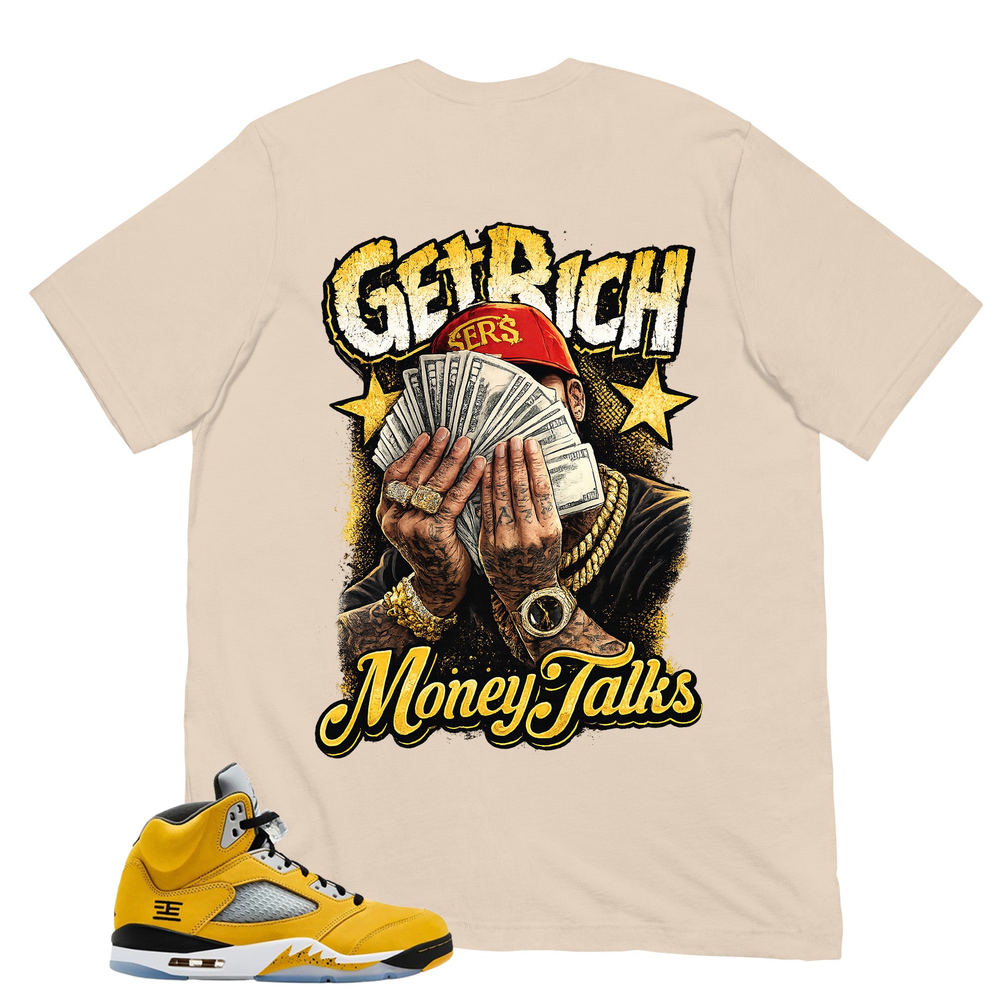 Graphic Tee Get Rich Money Talk Shirt - Matching Air Jordan 5 T23 Tokyo