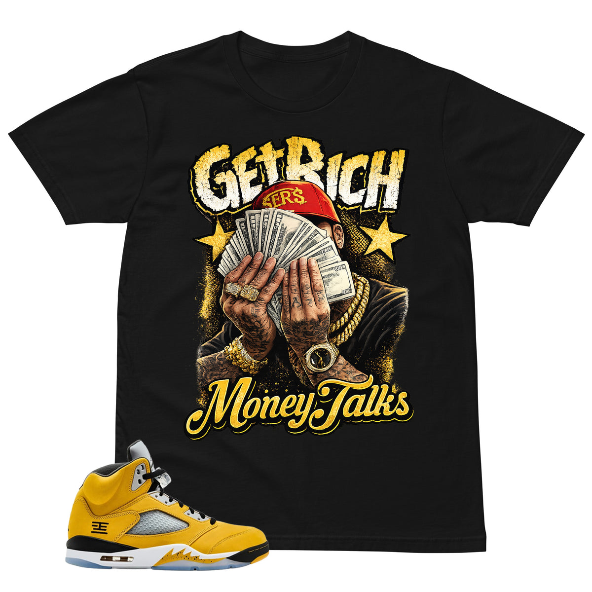 Graphic Tee Get Rich Money Talk Shirt - Matching Air Jordan 5 T23 Tokyo