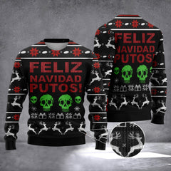 Skull Feliz Navidad Putos Ugly Christmas Sweater Reindeer Mens Xmas Sweater Gifts - Zadago