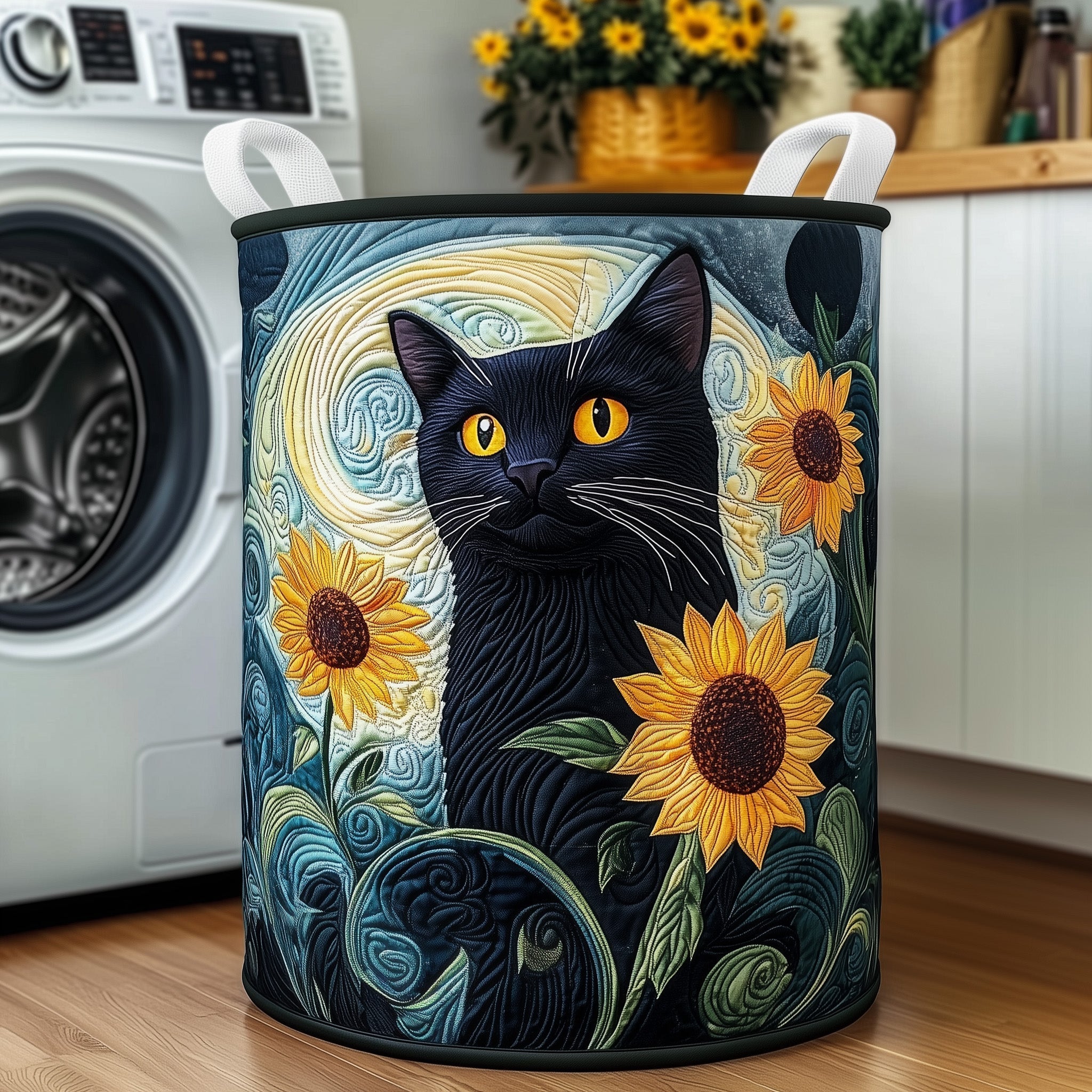 Black Cat Sunflowers Quilted Laundry Basket Cat Lover Storage Basket New Gift