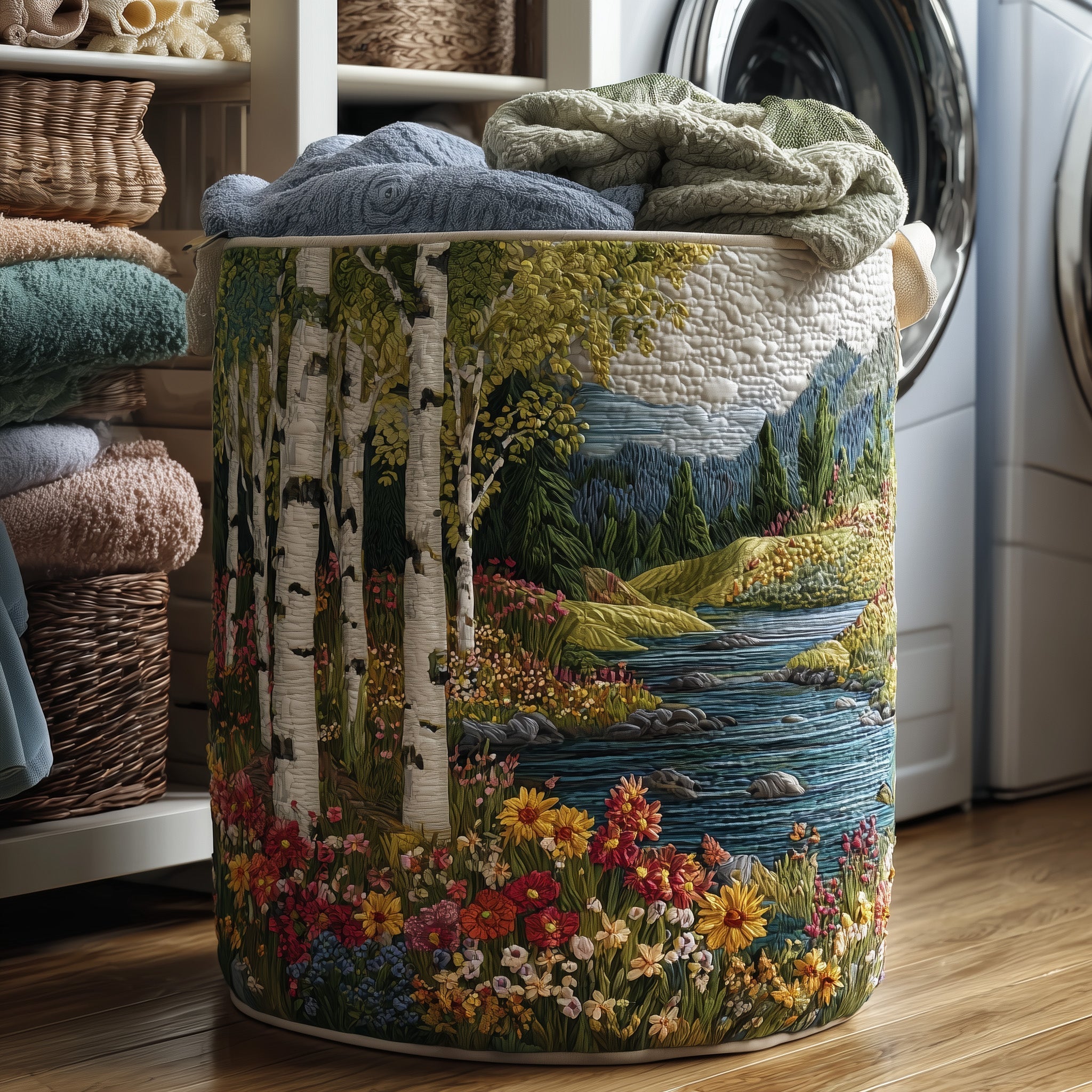 Birch Forest Stream Quilted Laundry Basket Floral Lands Laundry Hamper Home Gifts For Mom