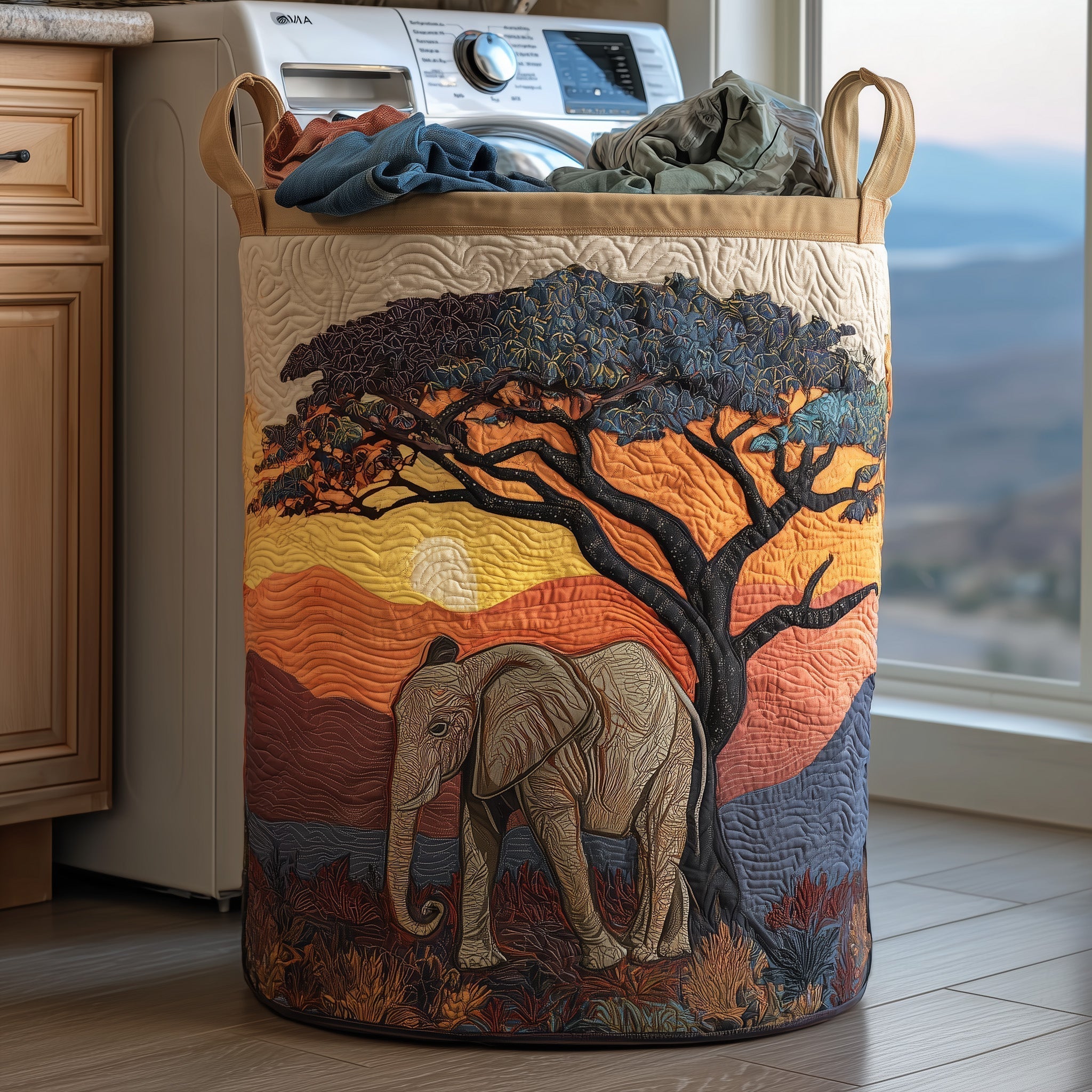 African Sunset Quilted Laundry Basket Elephant Lover Laundry Hamper Gift For Room Lovers