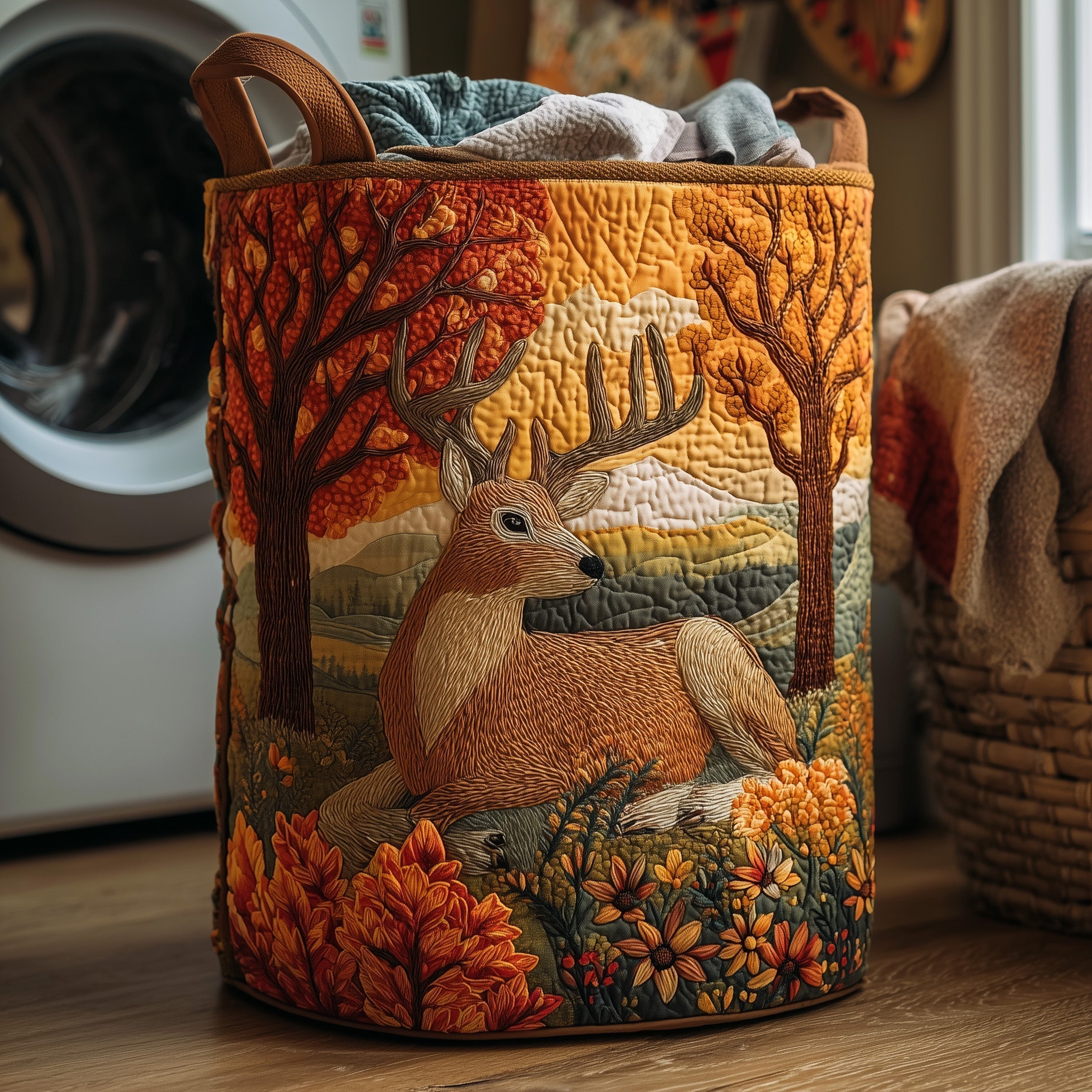 Autumn Deer Meadow Quilted Laundry Basket Deer Lover Hamper Perfect Home Decor Gift For Her