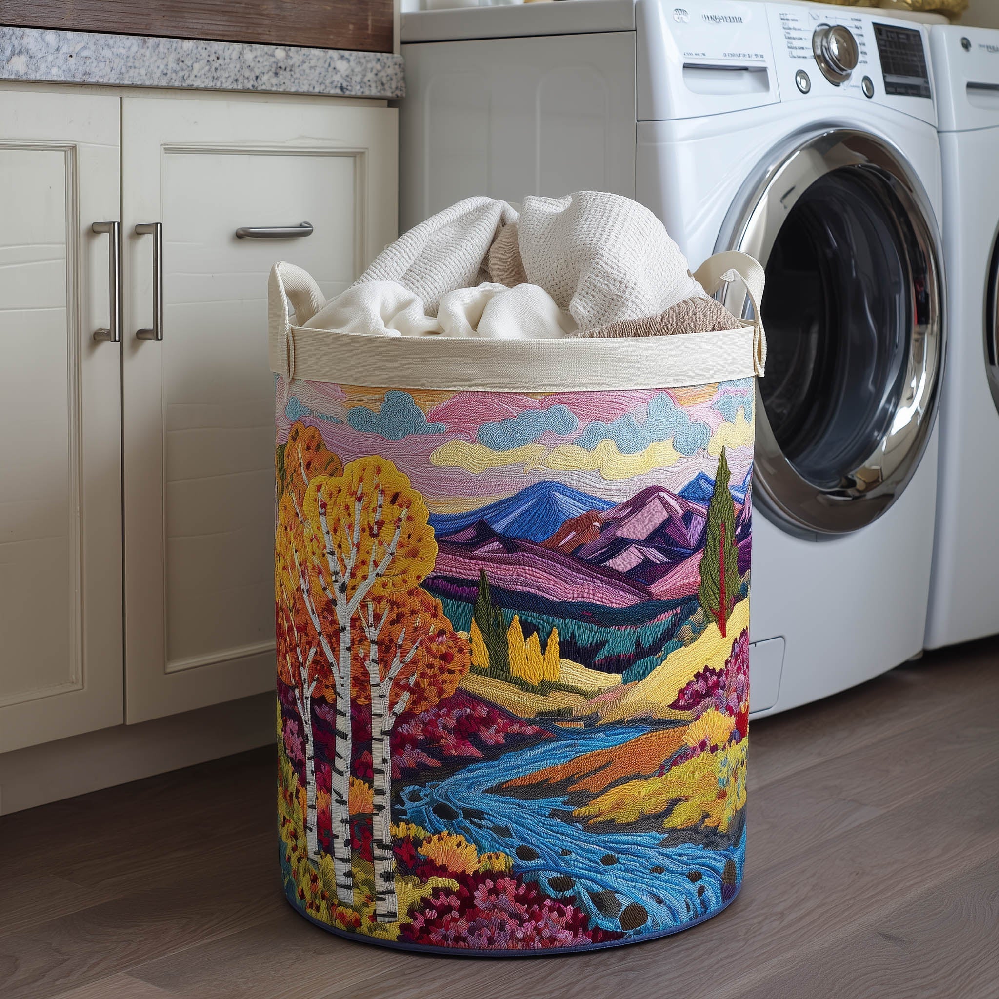 Autumn Mountain Landscape Quilted Laundry Basket Mountain River Scene Clothes Hamper Cozy Gift
