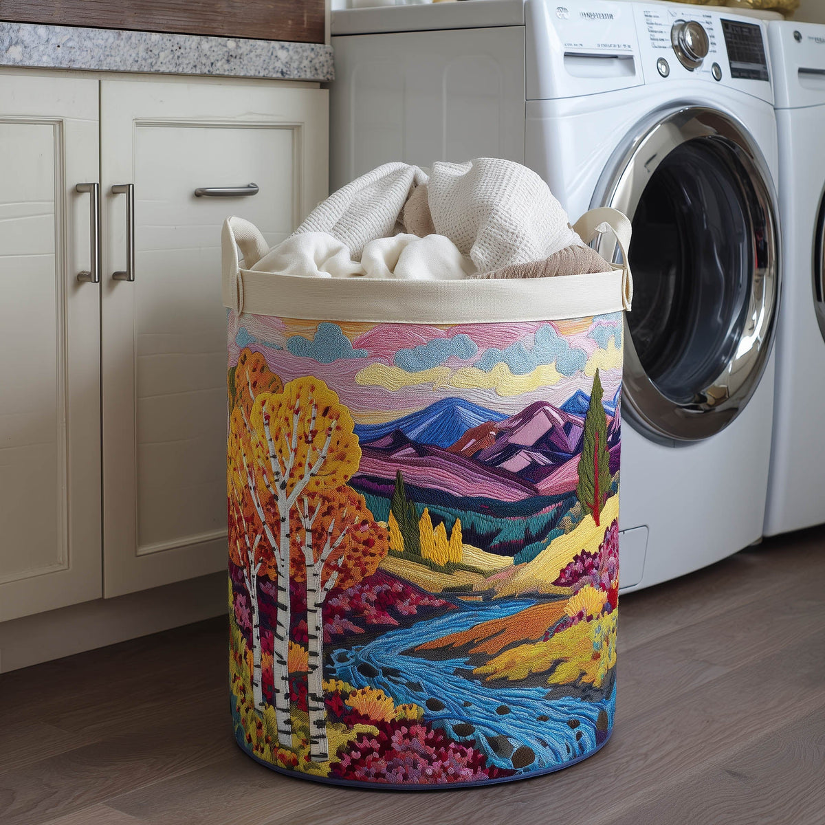 Autumn Mountain Landscape Quilted Laundry Basket Mountain River Scene Clothes Hamper Cozy Gift
