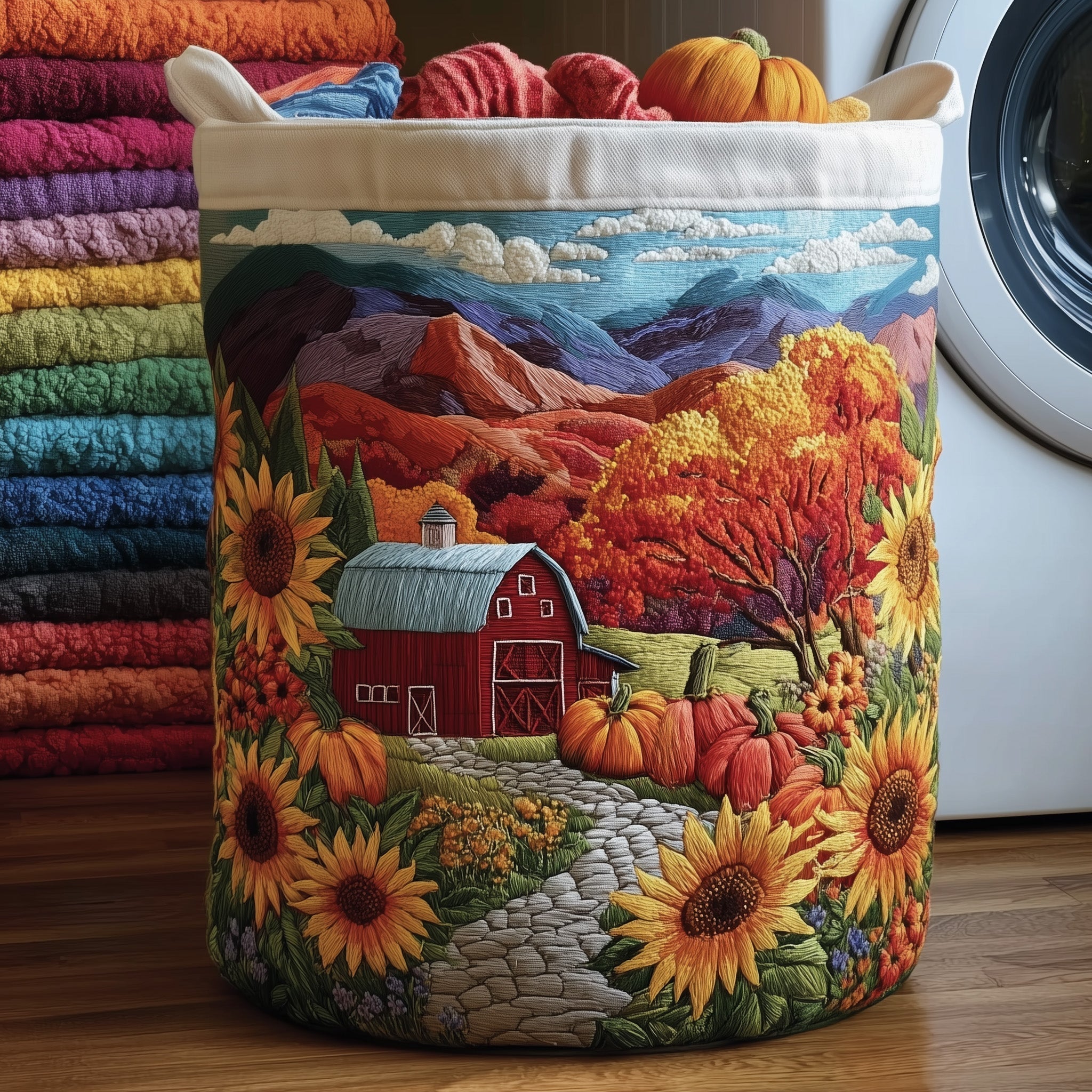Autumn Barnyard Quilted Laundry Basket Sunflower Barn Clothes Hamper Gifts For Living Rooms