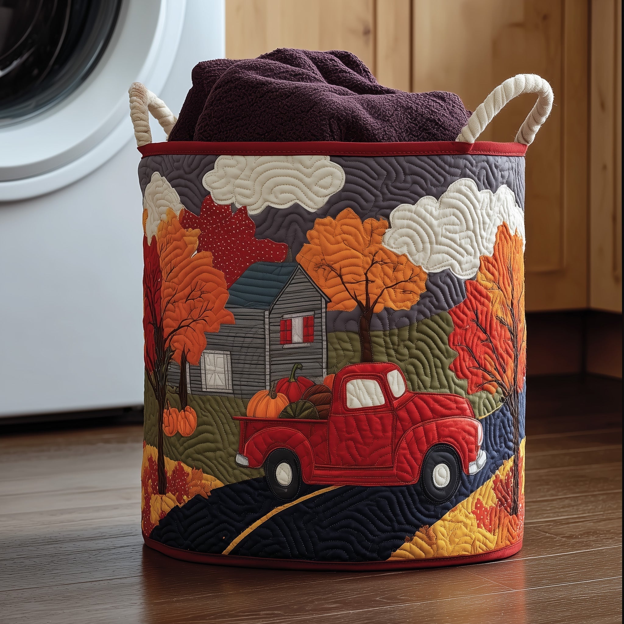 Autumn Harvest Scene Quilted Laundry Basket Red Truck Pumpkins Laundry Hamper Gift For New Home