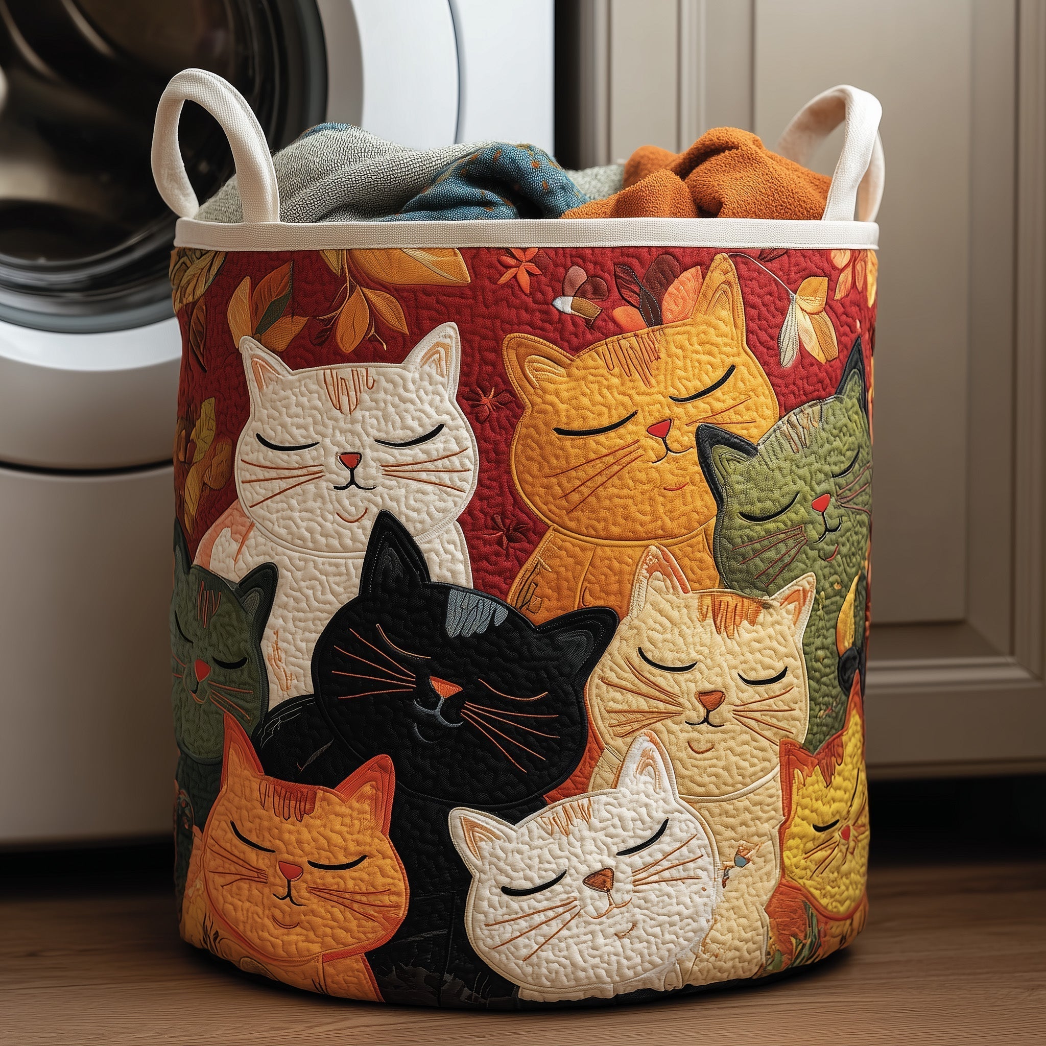 Autumn Cat Gathering Quilted Laundry Basket Cat Lover Laundry Bin Unique Gift