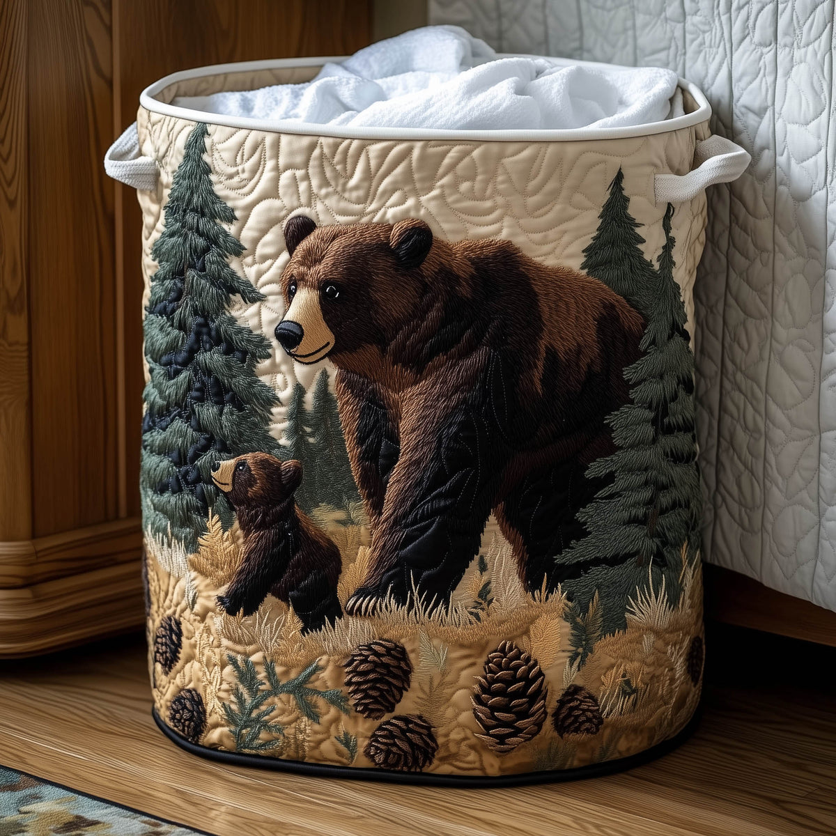 Bear Family Forest Quilted Laundry Basket Bear Lover Hamper Unique Gift