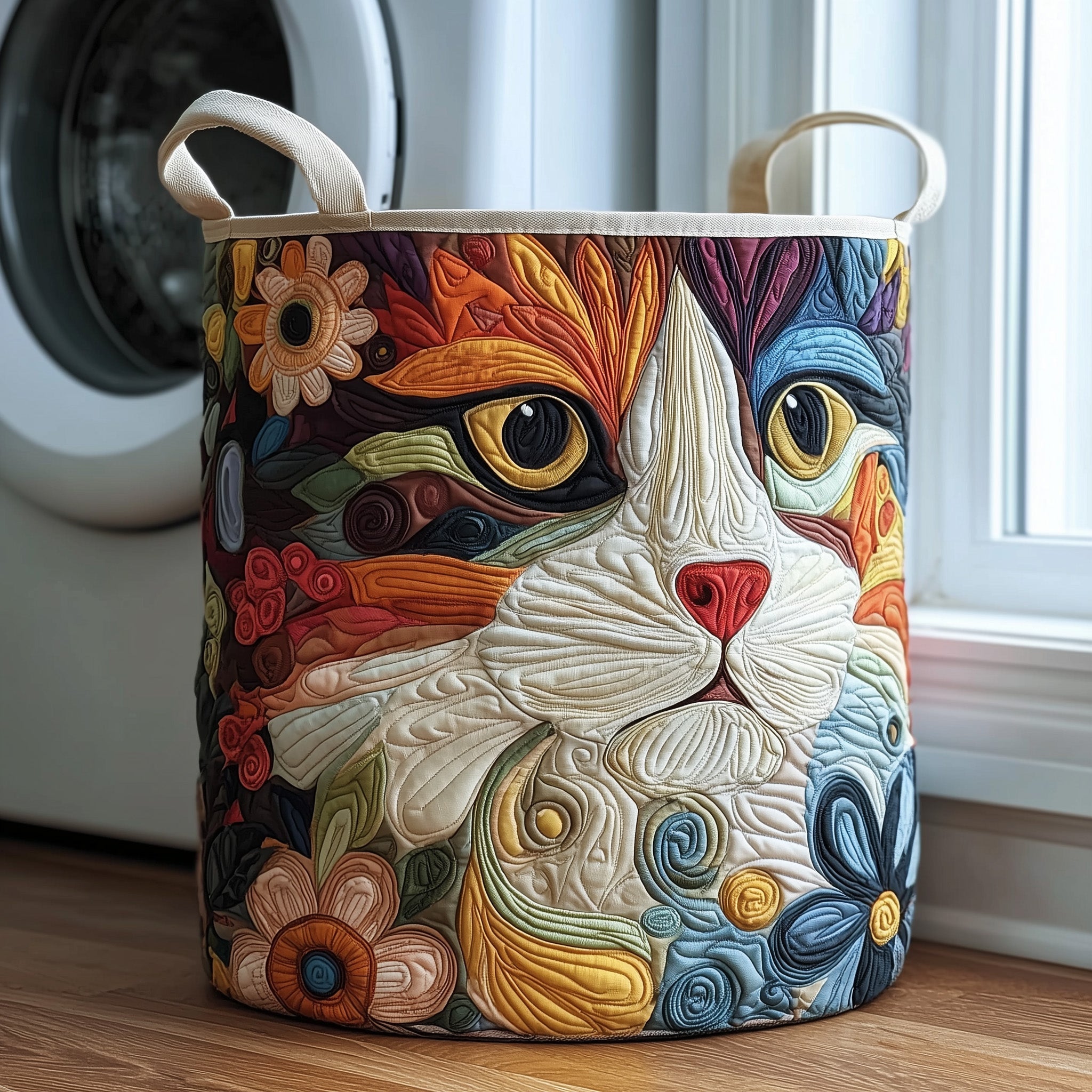 Artistic Cat Face Quilted Laundry Basket Cat Lover Storage Basket New Home Ideas