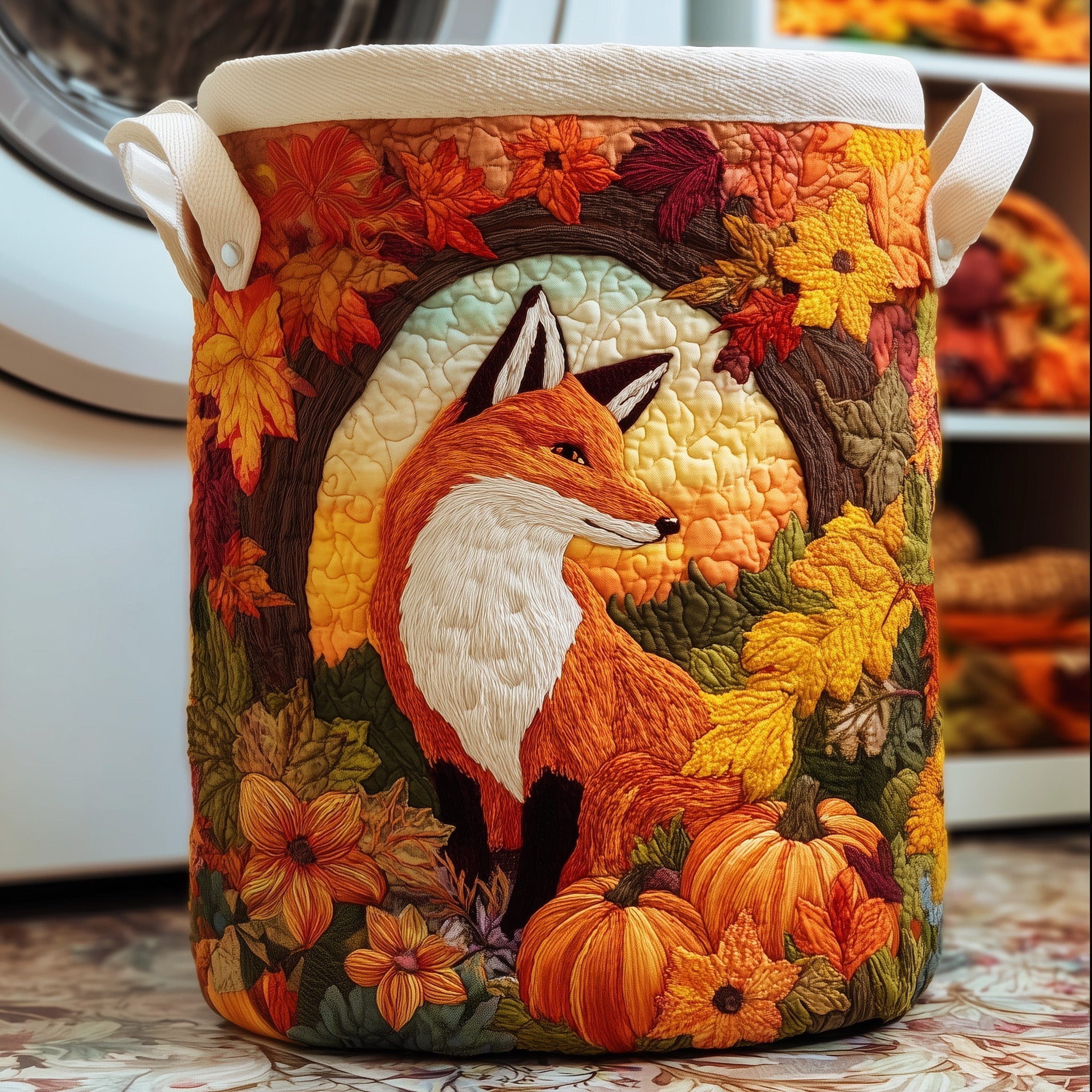 Autumn Fox Scene Quilted Laundry Basket Fox Autumn Clothes Hamper Unique Room Decor Gifts