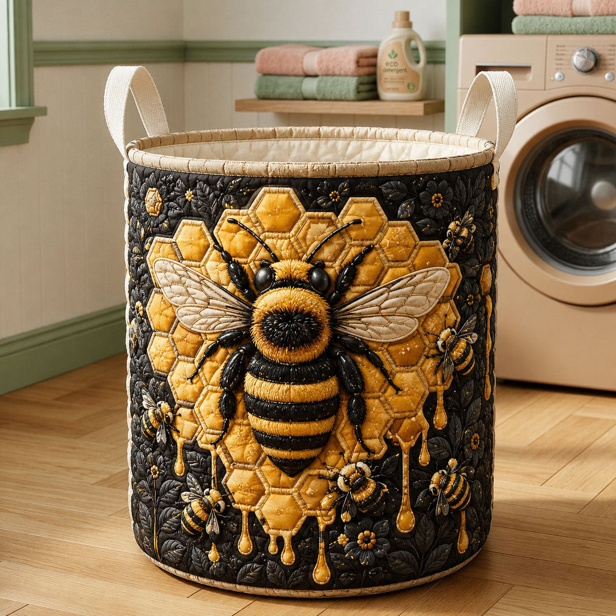 Beehive Honeycomb Quilted Laundry Basket Bee Lover Clothes Hamper Trendy Room Decor Gifts