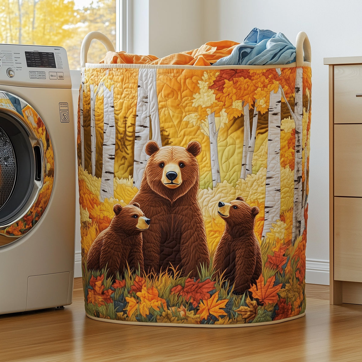 Bear Family Autumn Quilted Laundry Basket Bear Lover Storage Basket Best Room Decor Gifts
