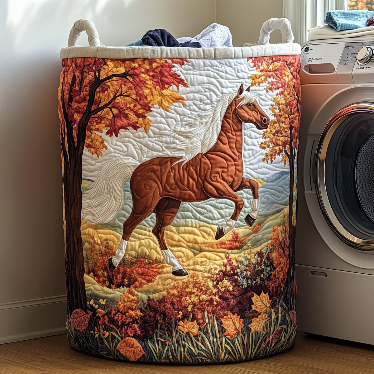 Autumn Horse Quilted Laundry Basket Horse Lover Laundry Hamper Best Housewarming Gift Ideas