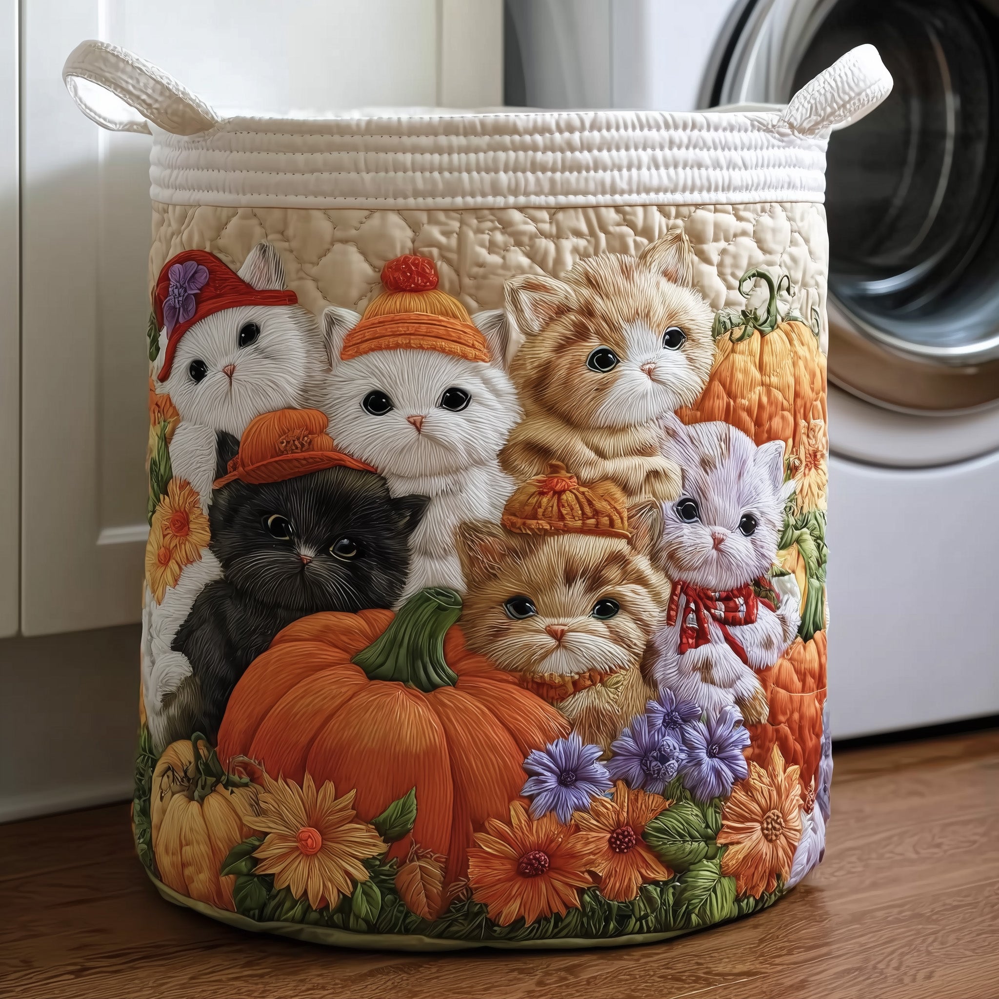 Autumn Kitten Patch Quilted Laundry Basket Kitten Lover Laundry Bin Home Lover Gift