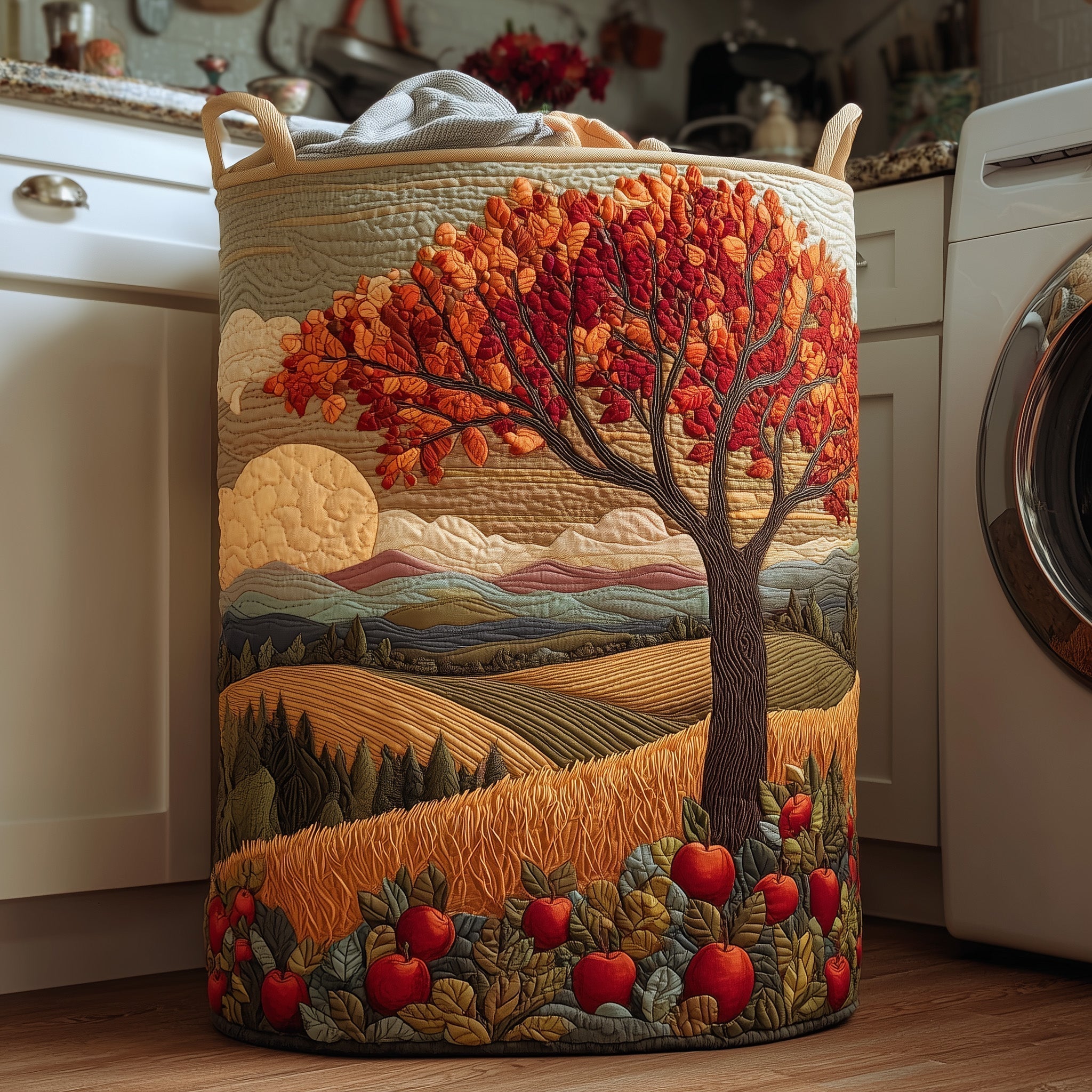 Autumn Harvest Scene Quilted Laundry Basket Apple Tree Lands Hamper Cool Room Decor Gifts