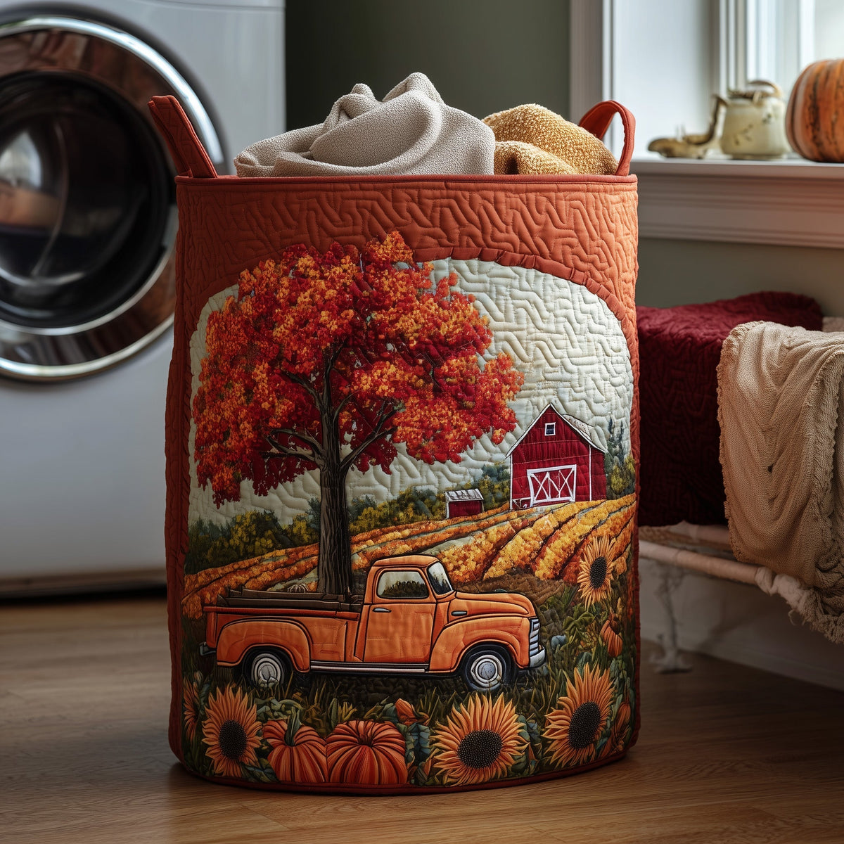 Autumn Farmstead Quilted Laundry Basket Farm Truck Harvest Hamper Room Decor Gift