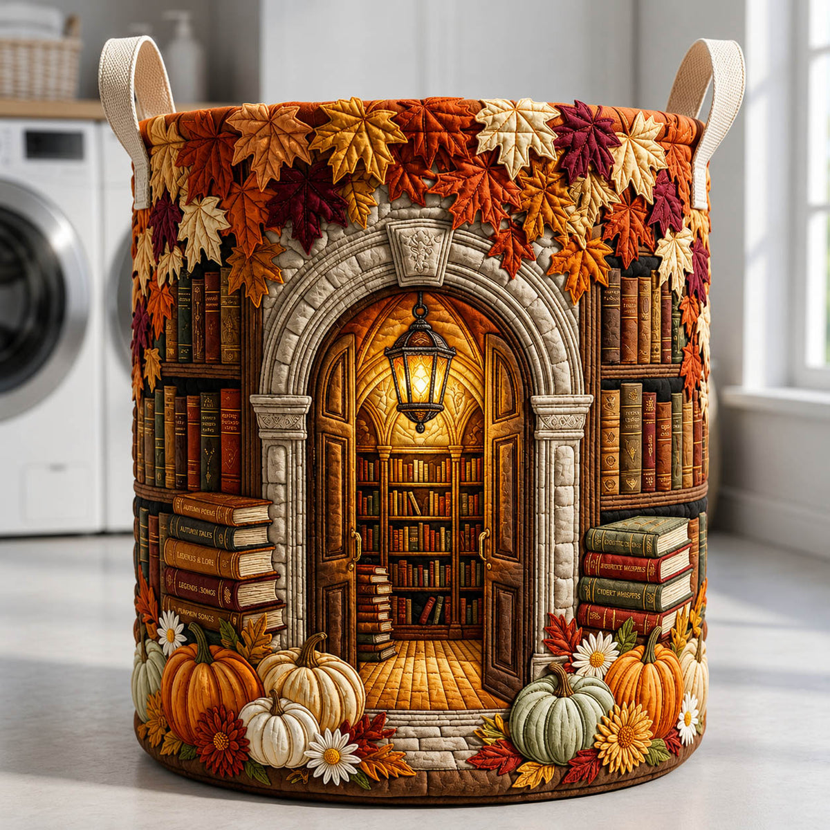 Autumn Library Quilted Laundry Basket Book Lover Clothes Hamper Room Gift For Her