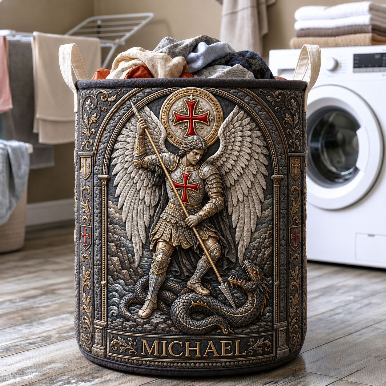 Archangel Michael Quilted Laundry Basket Michael Dragon Slayer Hamper Room Decor Gift Ideas