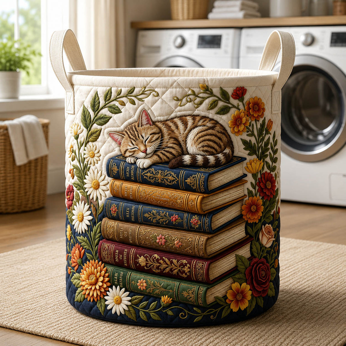 Cozy Bookworm Quilted Laundry Basket Cat Lover Laundry Bin Trendy Room Decor