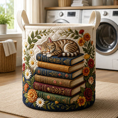 Cozy Bookworm Quilted Laundry Basket Cat Lover Laundry Bin Trendy Room Decor