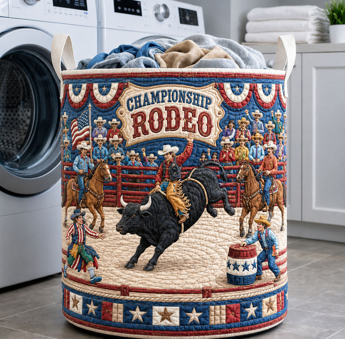 Championship Rodeo Quilted Laundry Basket Rodeo Bull Rider Hamper Home Decor Gifts For Sister