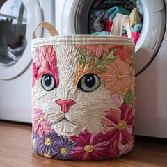 Floral Cat Face Quilted Laundry Basket Cat Lover Storage Basket Home Decor Ideas