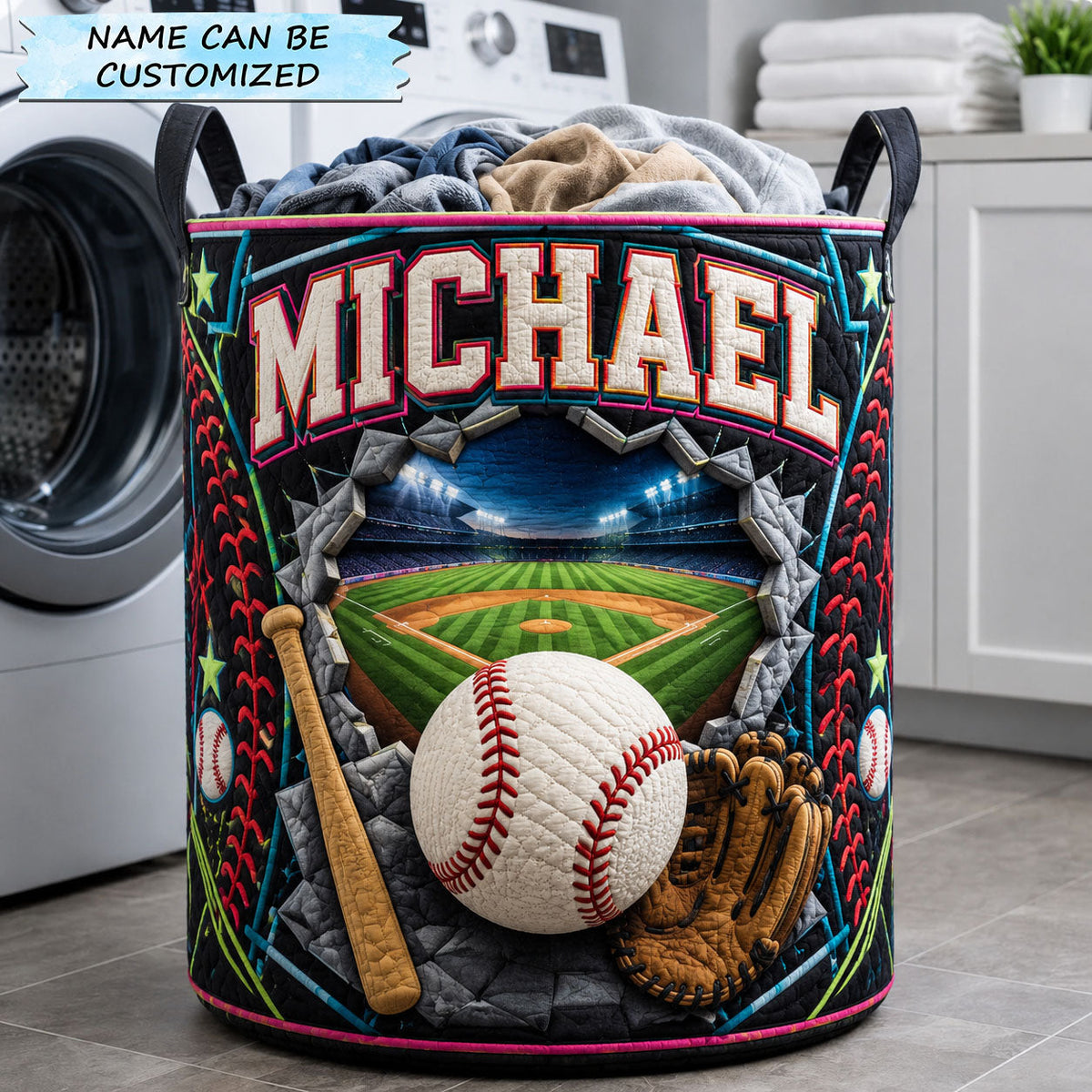 Custom Name Baseball Stadium Quilted Laundry Basket Baseball Lover Laundry Hamper Gift(1)