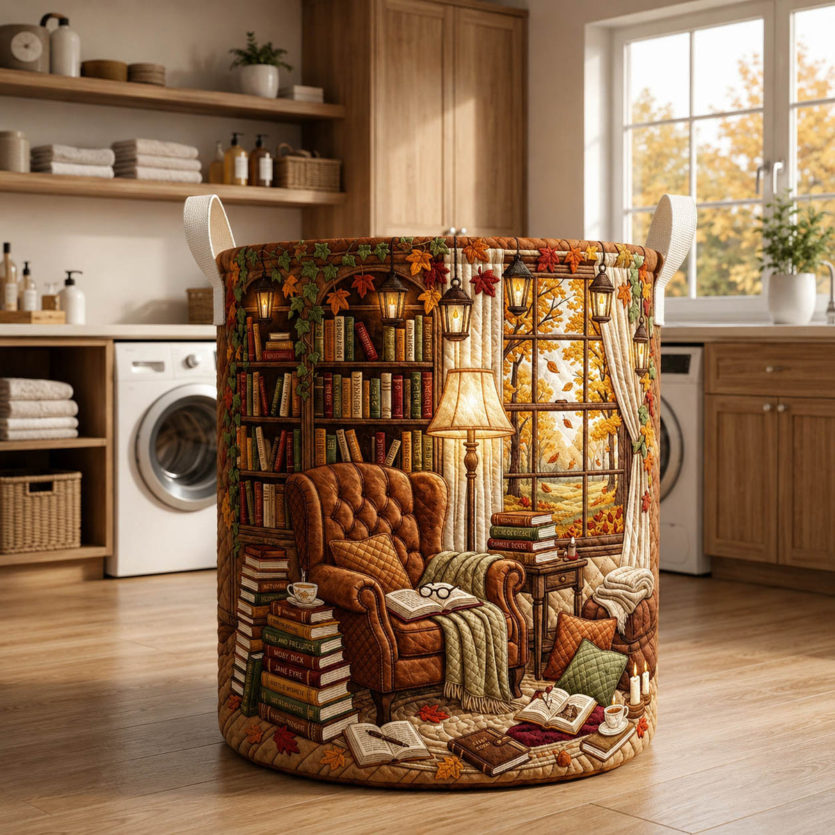 Cozy Autumn Library Quilted Laundry Basket Book Lover Hamper Present For Home Lovers