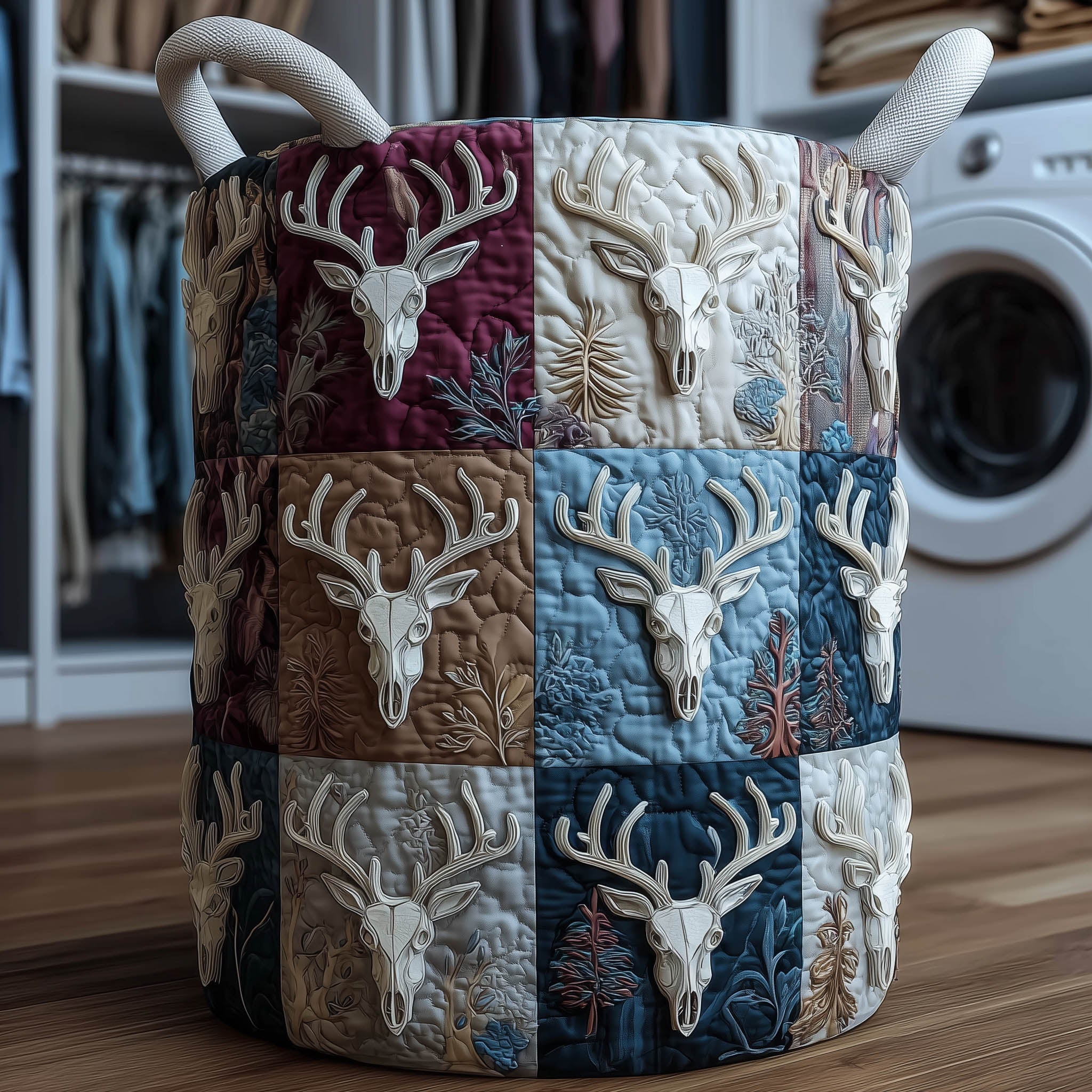 Deer Skull Patchwork Quilted Laundry Basket Deer Skull Forest Laundry Bin Home Gifts For Mom