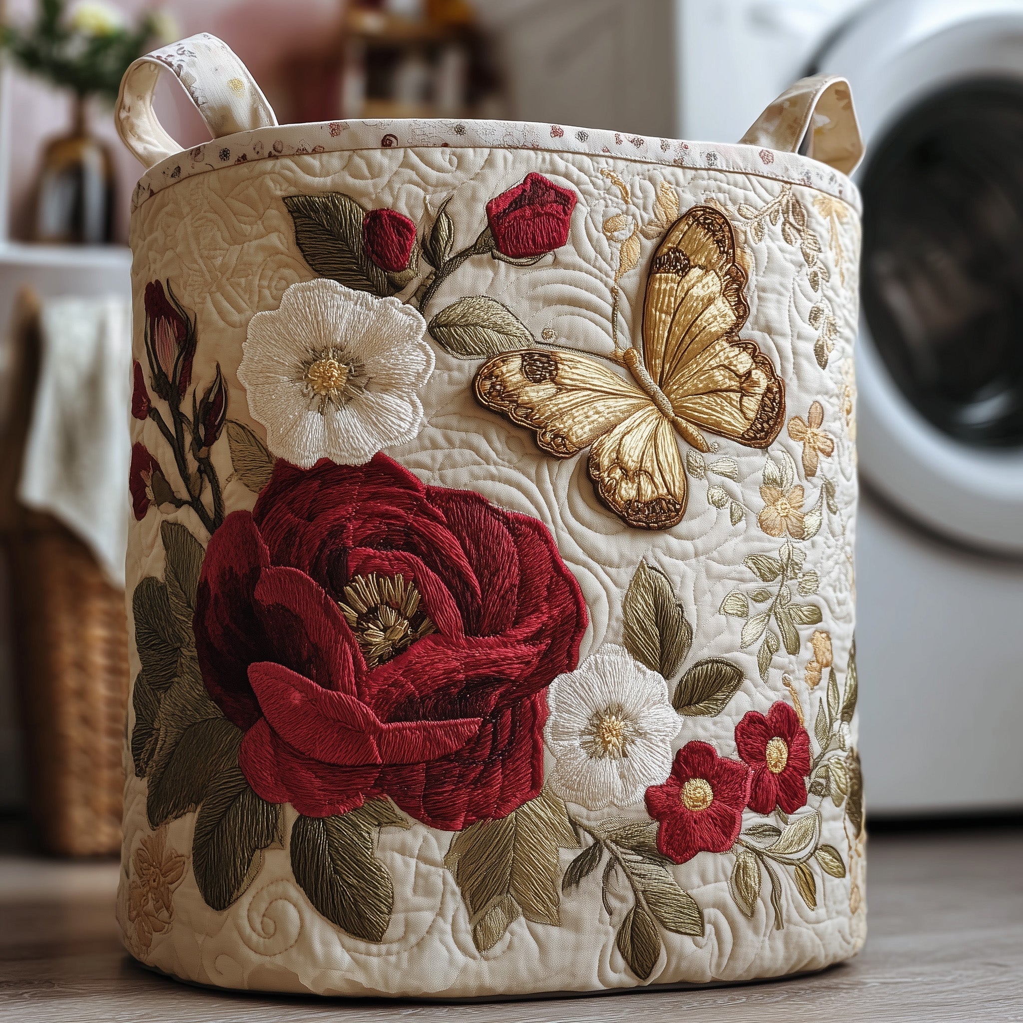 Floral Butterfly Garden Quilted Laundry Basket Vintage Rose Garden Laundry Hamper Cozy Gift