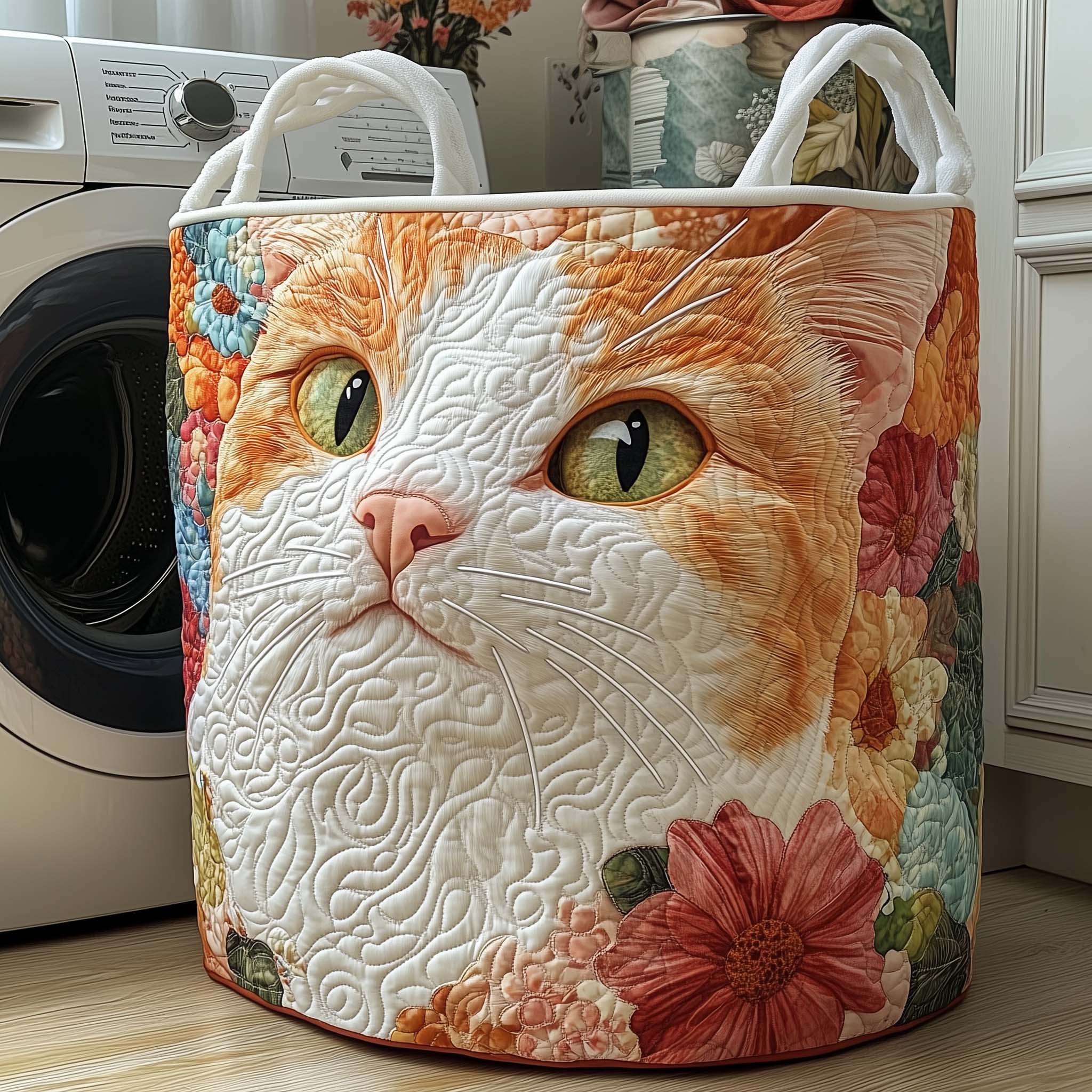 Floral Cat Face Quilted Laundry Basket Cat Lover Laundry Bin Gift For Sister Home Decor