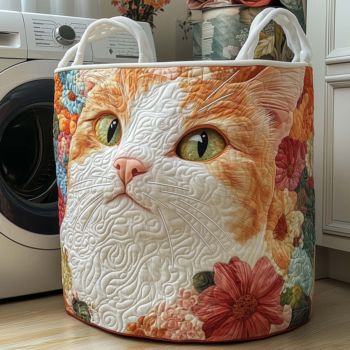 Floral Cat Face Quilted Laundry Basket Cat Lover Laundry Bin Gift For Sister Home Decor