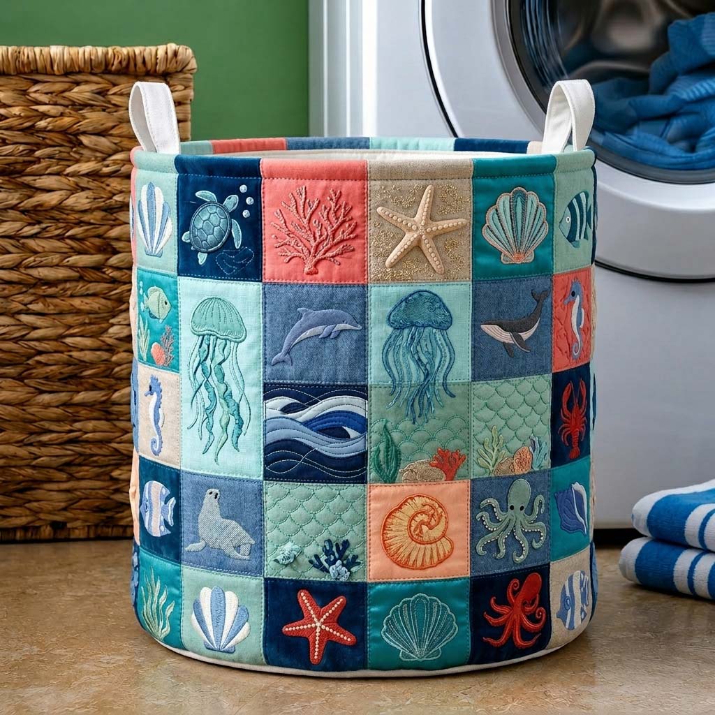 Deep Blue Oasis Quilted Laundry Basket Coastal Whale Laundry Hamper Gift For Ocean Lover