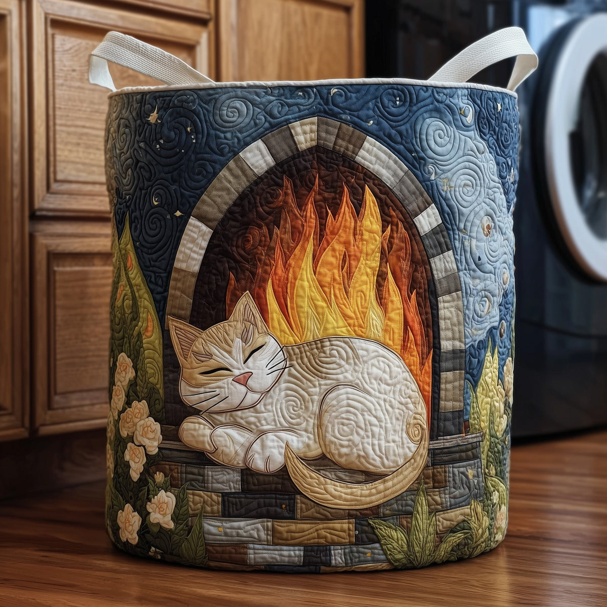 Cozy Cat Hearth Quilted Laundry Basket Cat Lover Clothes Hamper Home Decor Gifts For Her