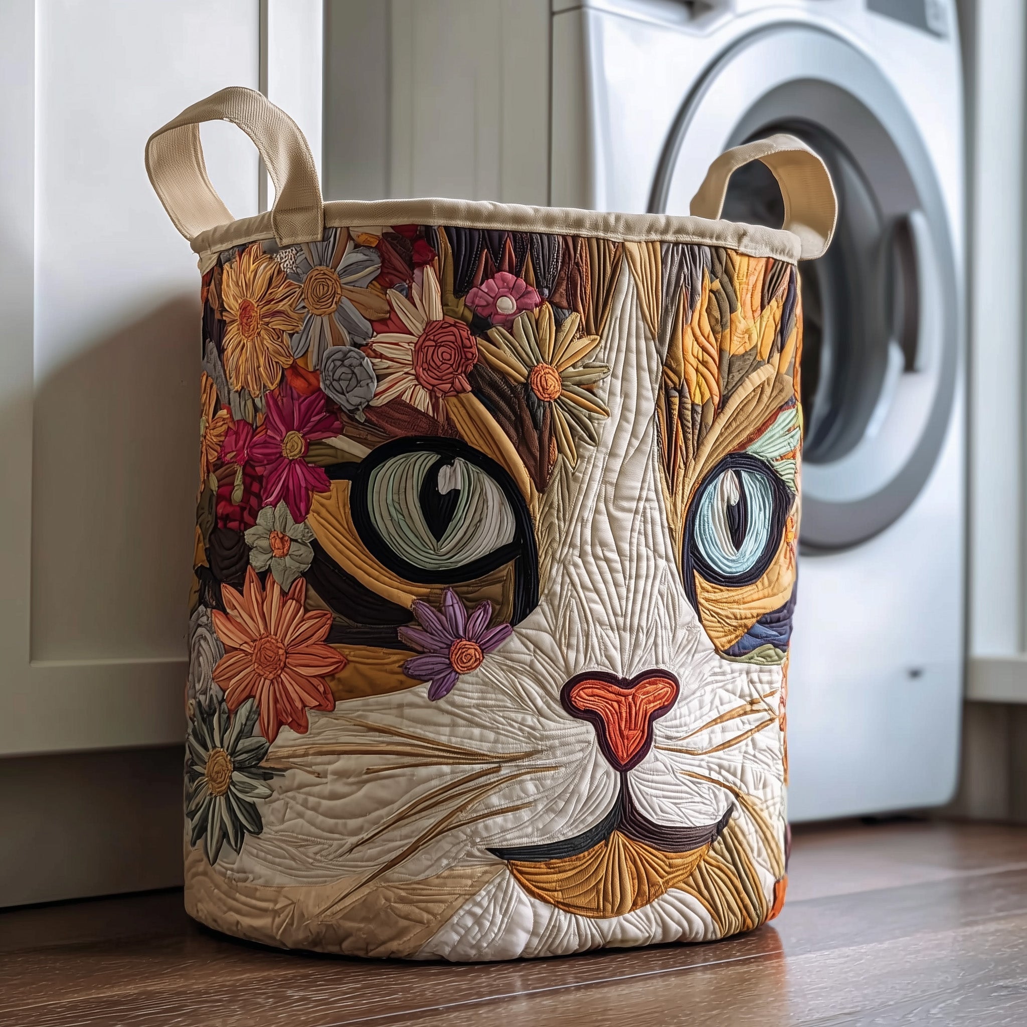 Floral Cat Face Quilted Laundry Basket Cat Lover Storage Basket Gift For Home