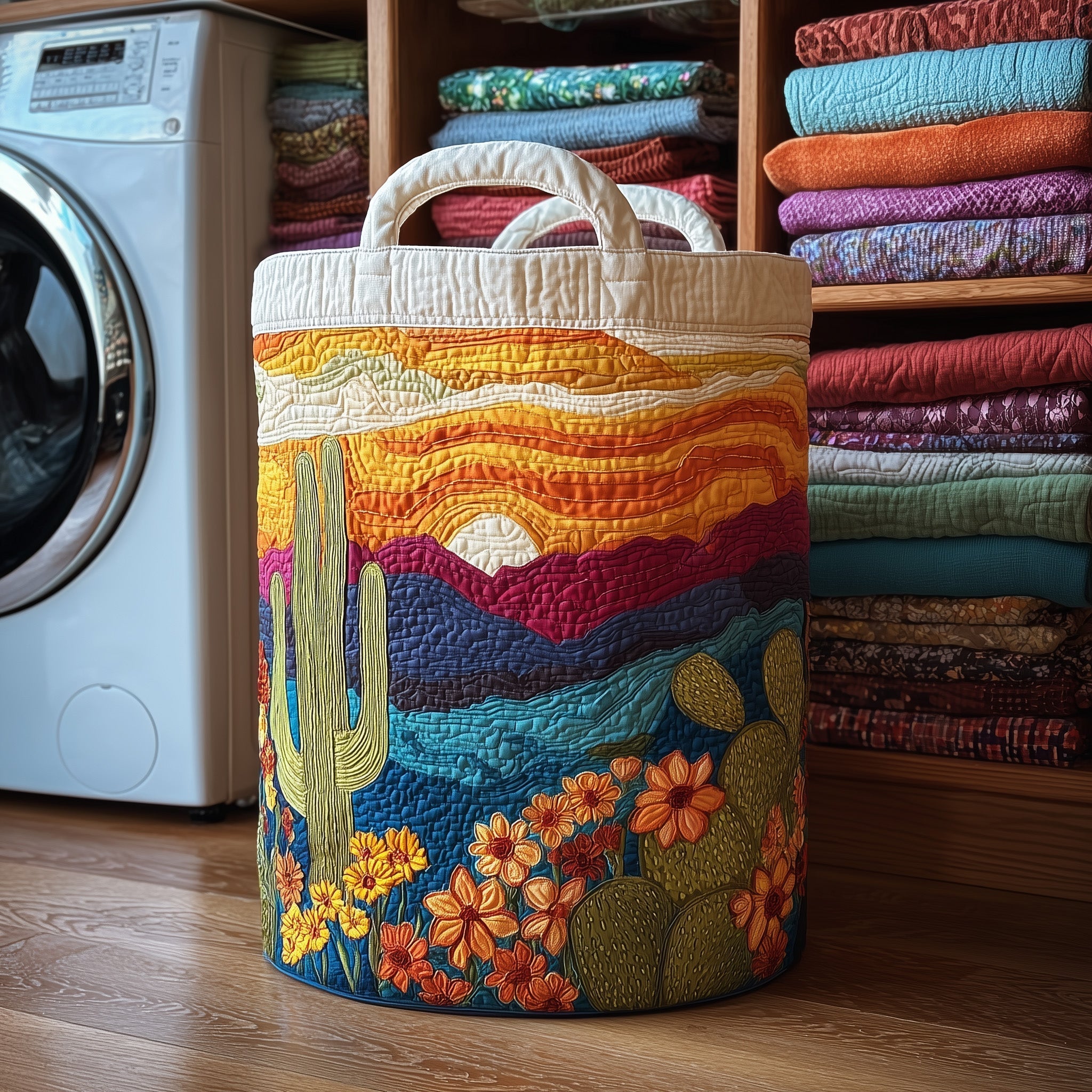 Desert Sunset Quilted Laundry Basket Cactus Floral Hamper Cute Room Decor Gifts For Sister