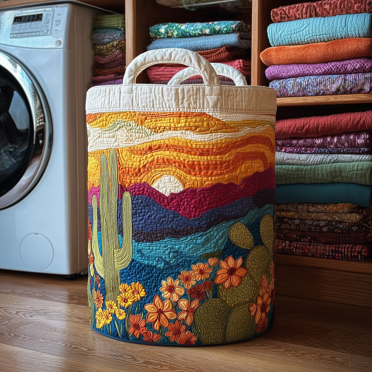 Desert Sunset Quilted Laundry Basket Cactus Floral Hamper Cute Room Decor Gifts For Sister