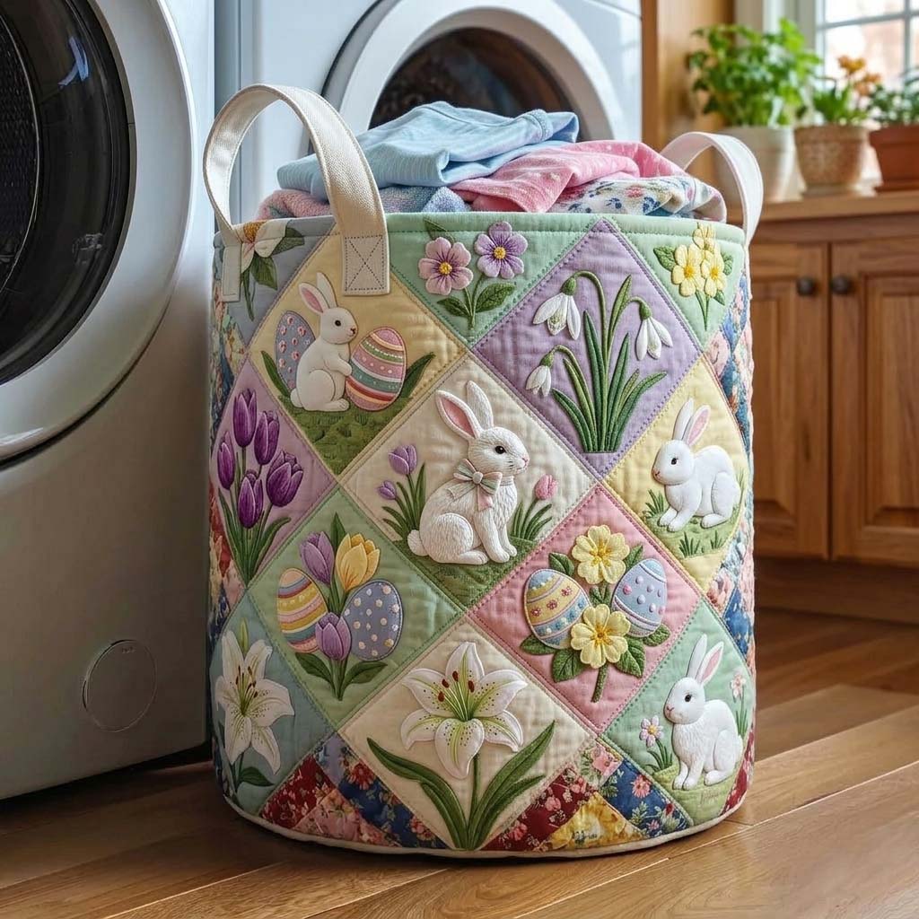 Easter Bunny Garden Quilted Laundry Basket Bunny Lover Storage Basket Gift For Cozy Spaces