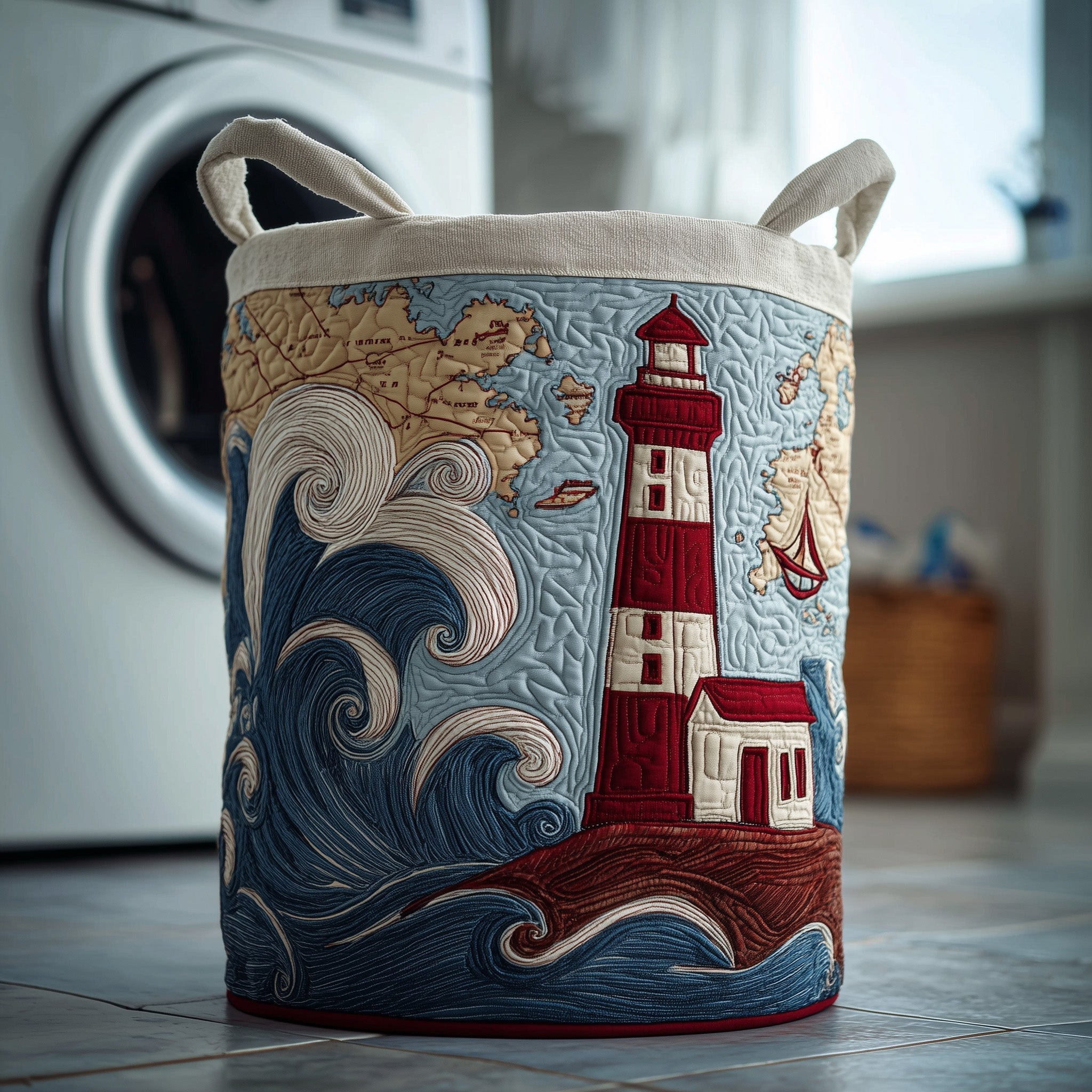 Coastal Lighthouse Quilted Laundry Basket Lighthouse Waves Laundry Hamper Home Gifts For Wife