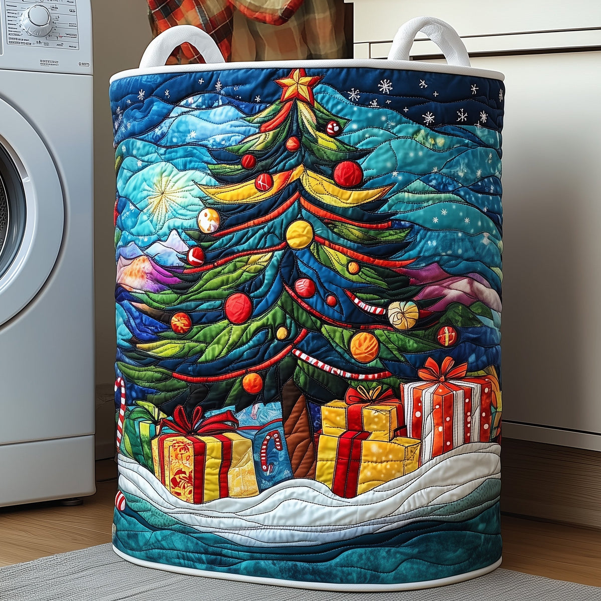 Christmas Tree Scene Quilted Laundry Basket Christmas Laundry Hamper Top Decor Gift