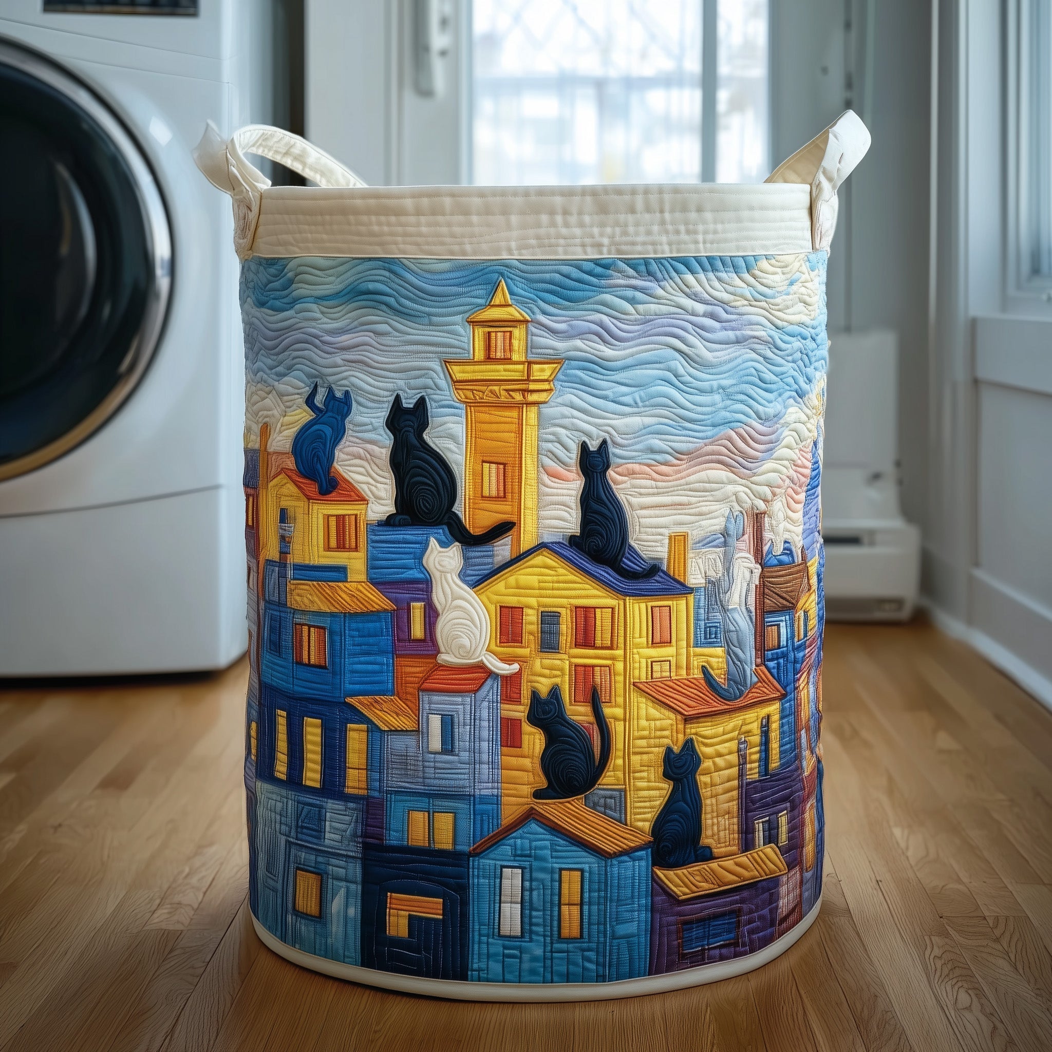 City Cats Quilted Laundry Basket Cat Lover Storage Basket Gifts For Living Rooms