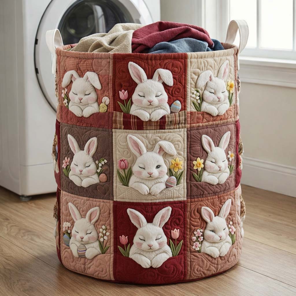 Bunny Patchwork Quilted Laundry Basket Bunny Lover Hamper Home Decor Gifts For Grandma
