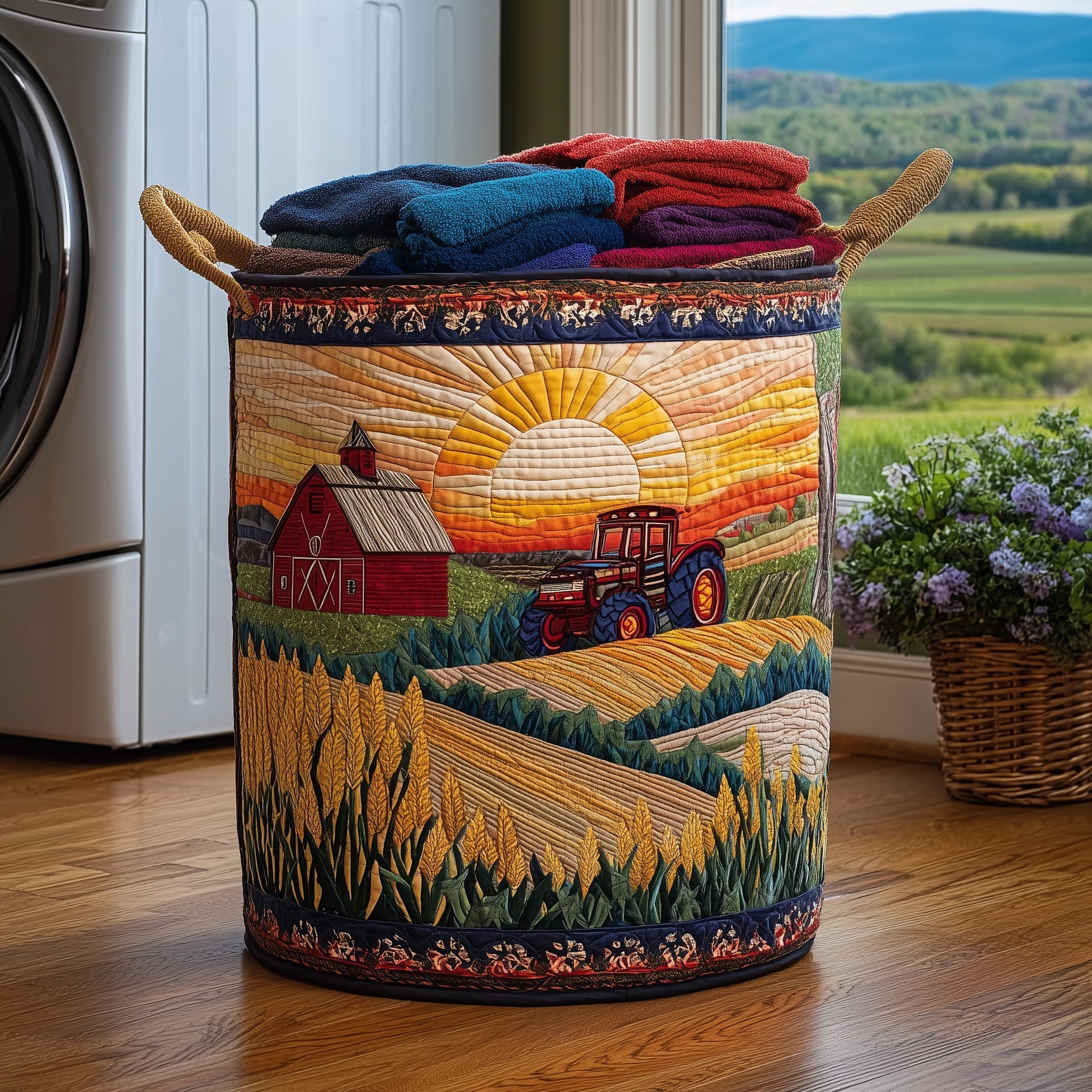 Farmstead Sunrise Quilted Laundry Basket Tractor Farm Scene Laundry Bin Gifts For New Homes