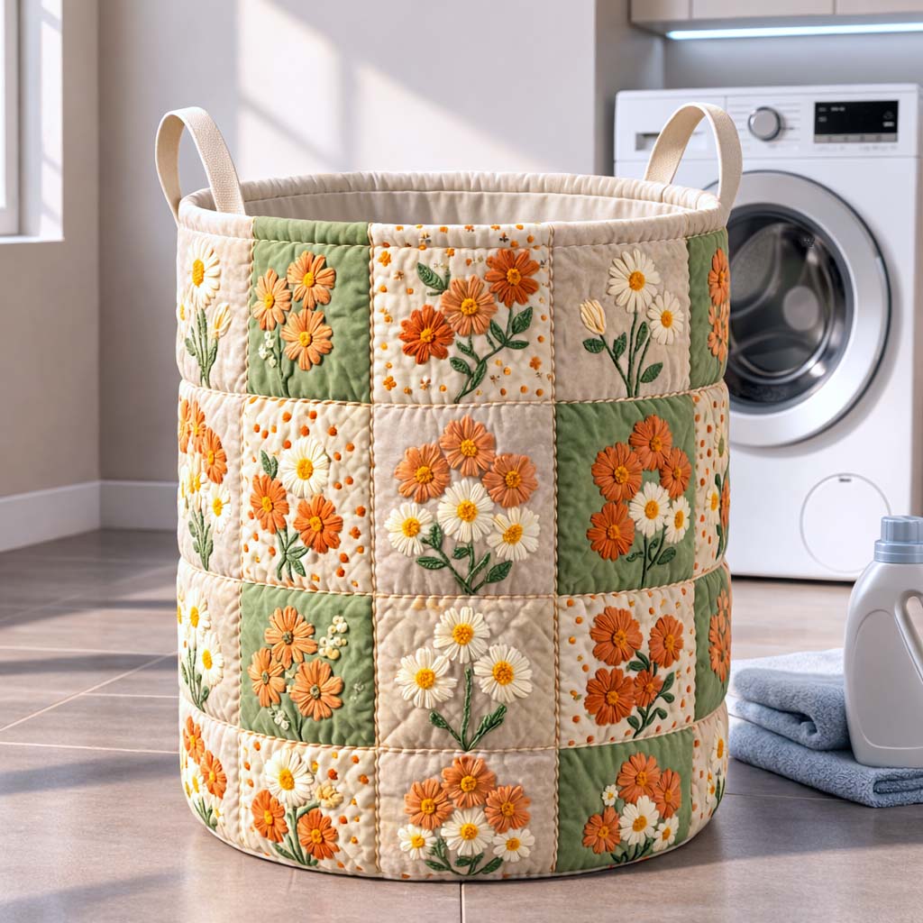 Daisy Patchwork Quilted Laundry Basket Floral Patchwork Storage Basket Unique Decor Gift