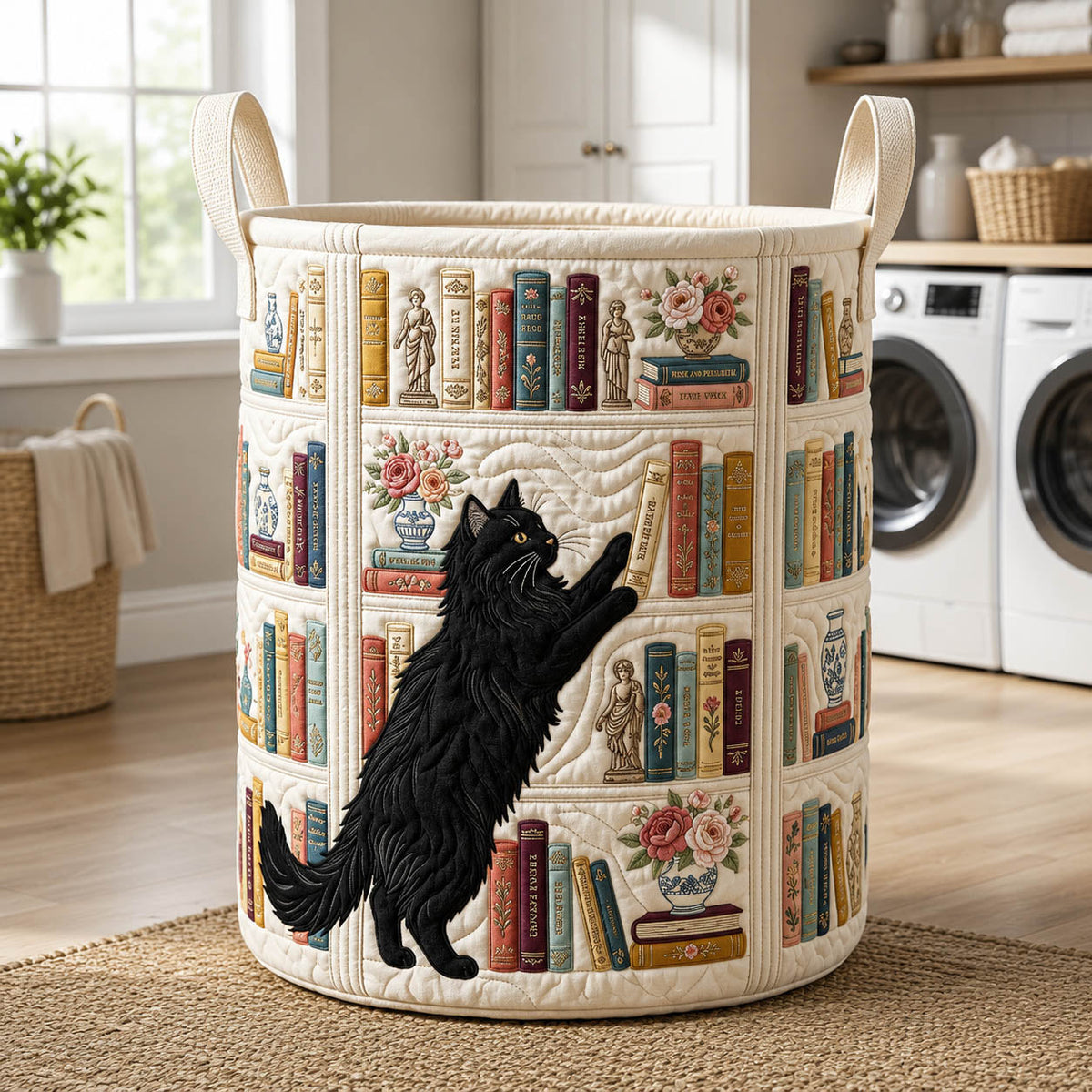 Bookish Black Cat Quilted Laundry Basket Cat Lover Laundry Hamper Present For New Home