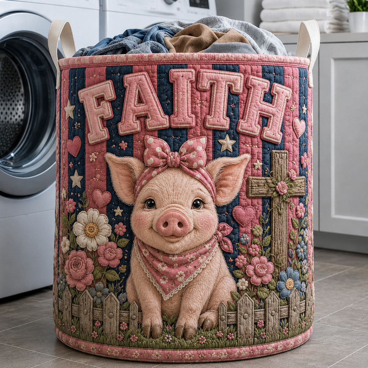 Faithful Piggy Garden Quilted Laundry Basket Piggy Lover Laundry Bin New Gift
