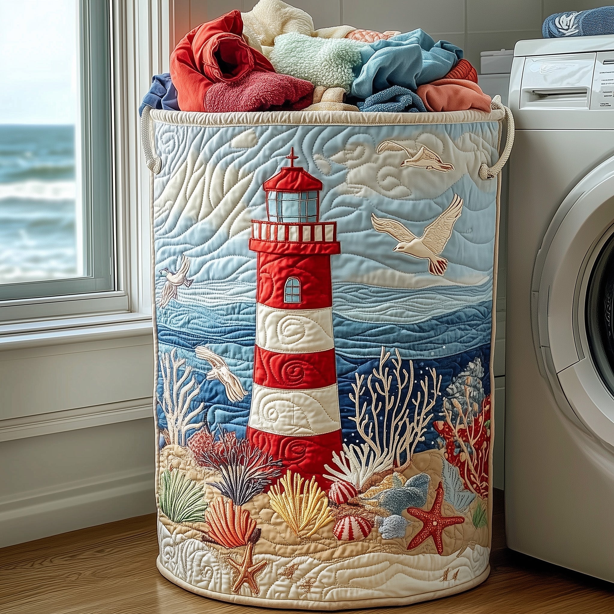 Coastal Lighthouse Scene Quilted Laundry Basket Lighthouse Seagull Beach Clothes Hamper
