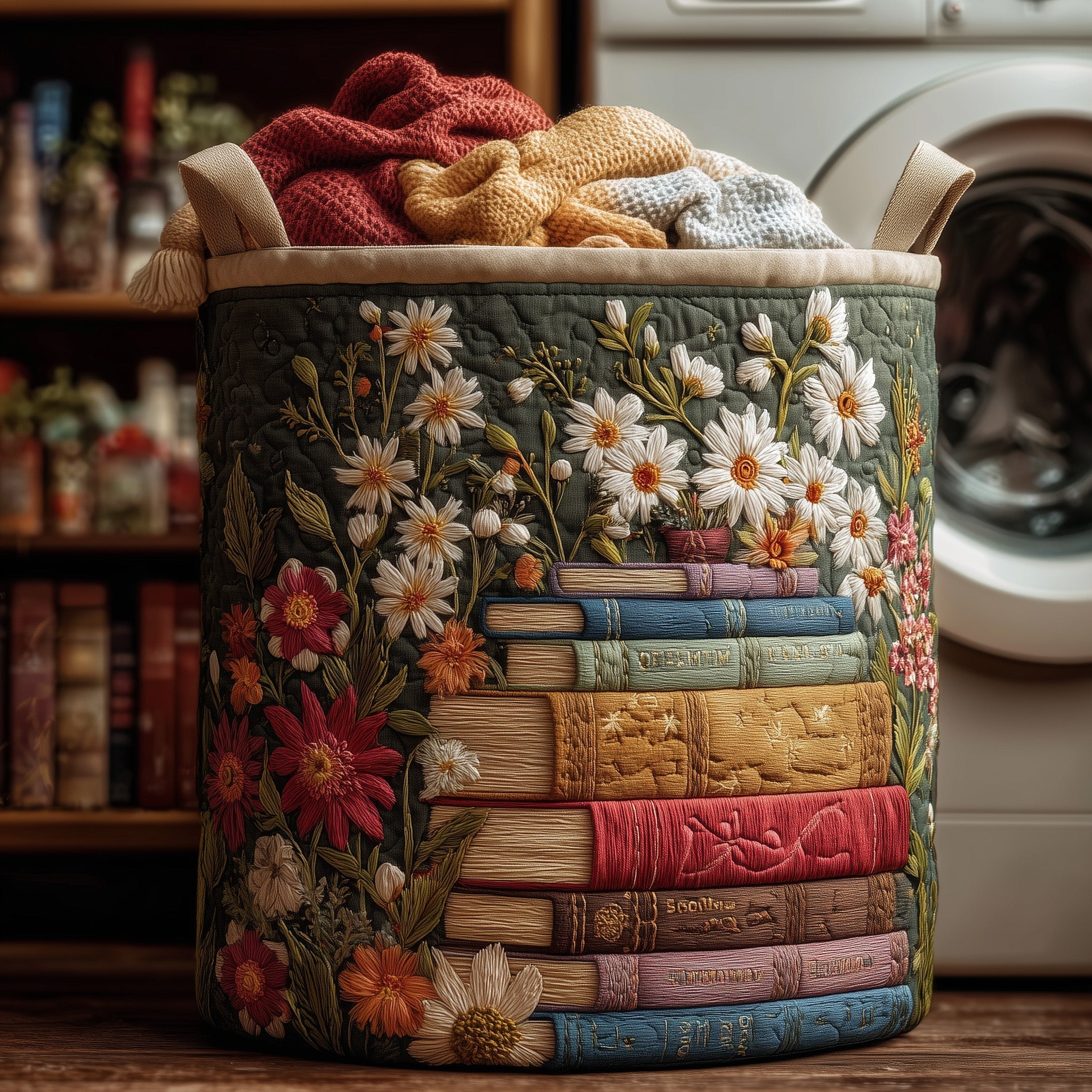 Botanical Bookshelf Quilted Laundry Basket Floral Book Stack Storage Basket Cute Gift